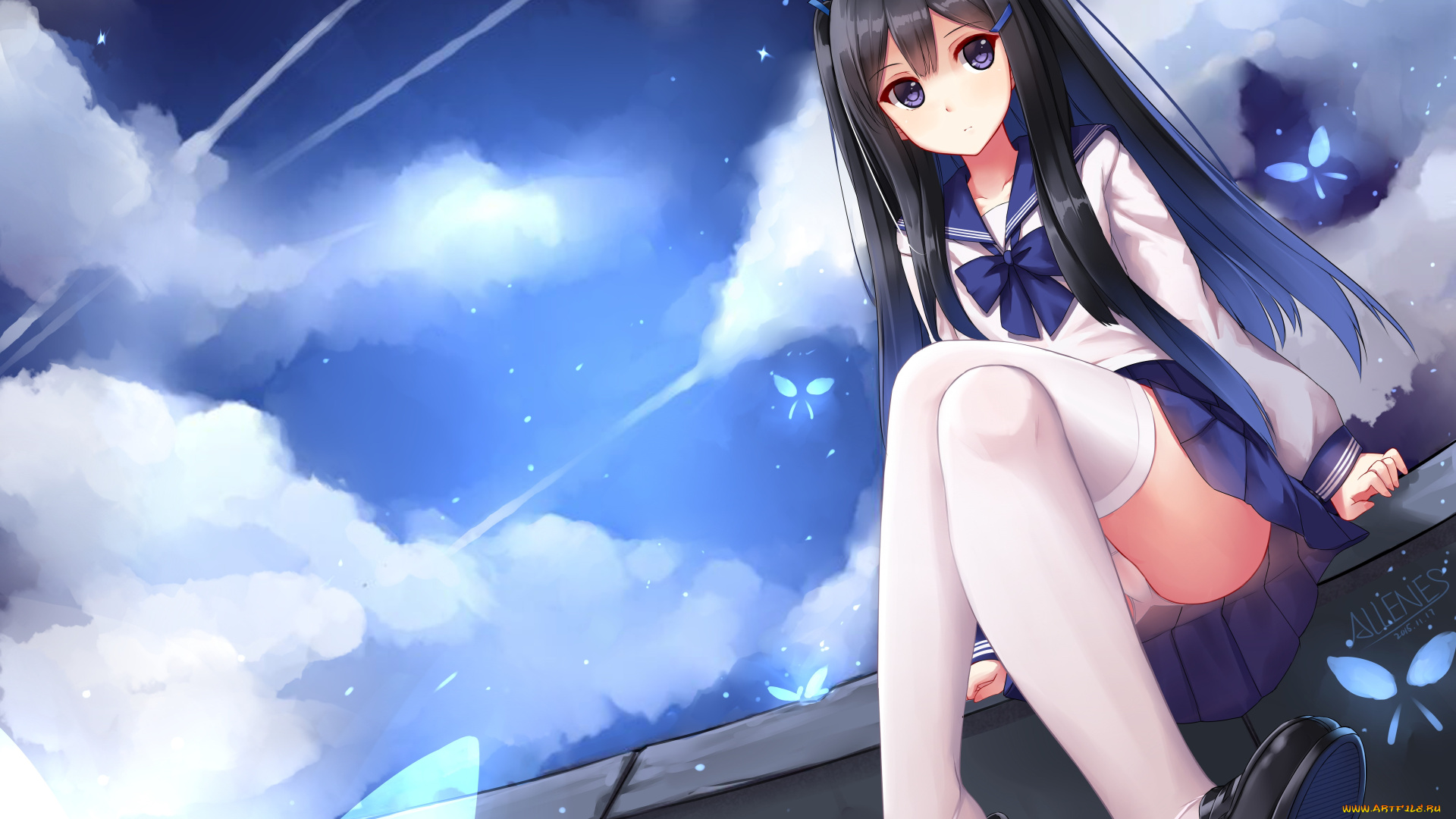 аниме, unknown, , другое, облака, небо, девушка, арт, allenes