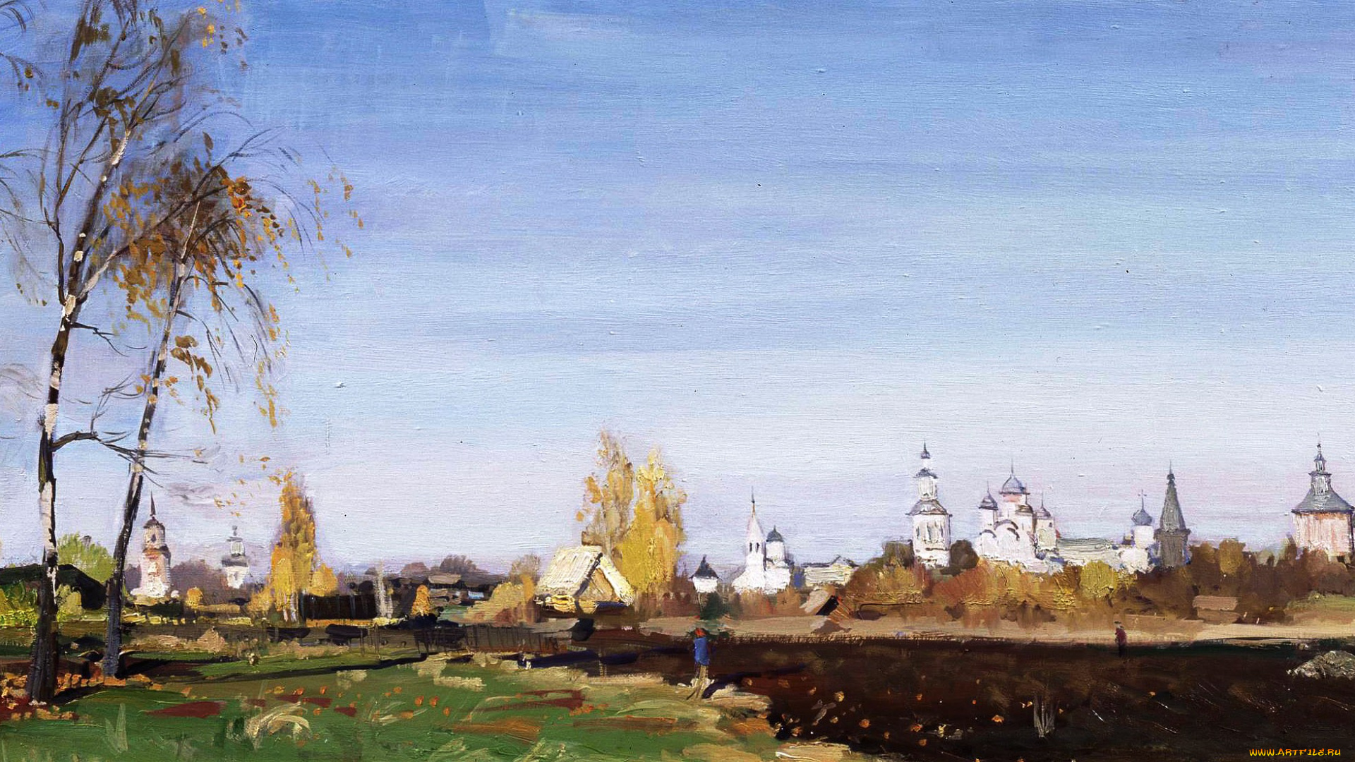 бабье, лето, -, валерий, страхов, рисованное, живопись, церкви, пашня, селение, деревья, осень