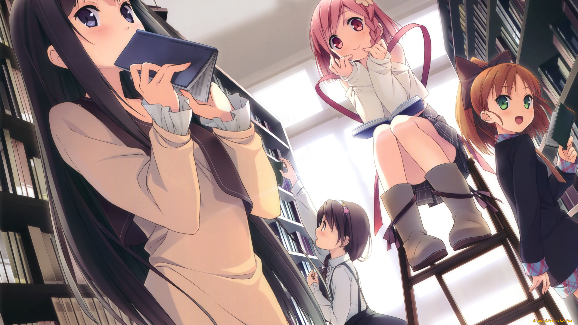 kantoku, , artbook, аниме, библиотека, фон, взгляд, девушки
