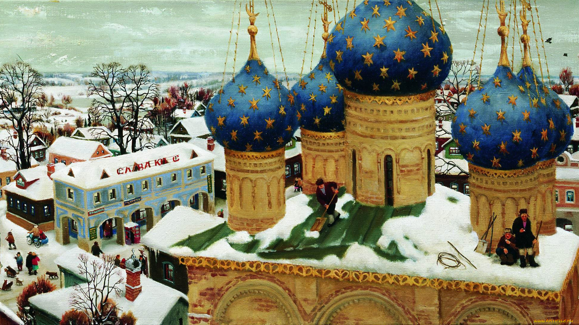 над, городом, -, алексей, смирнов-воскресенский, рисованное, живопись, дома, церковь, храм, панорама, город, небо, рынок, люди, улицы, здания