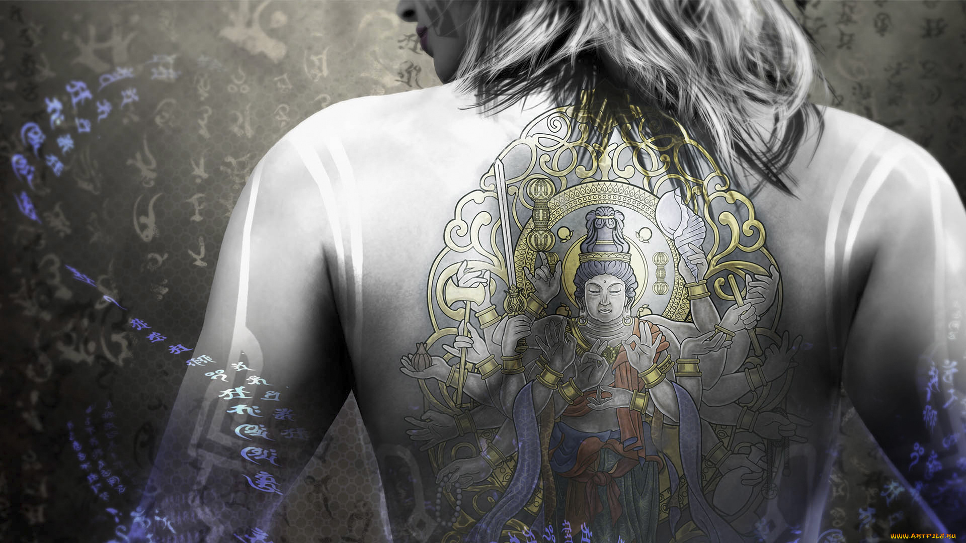 видео, игры, devil`s, third, devil's, third, татуировка, спина, губы, волосы, голова, рисунок, иероглифы, valhalla, game, studios, nintendo