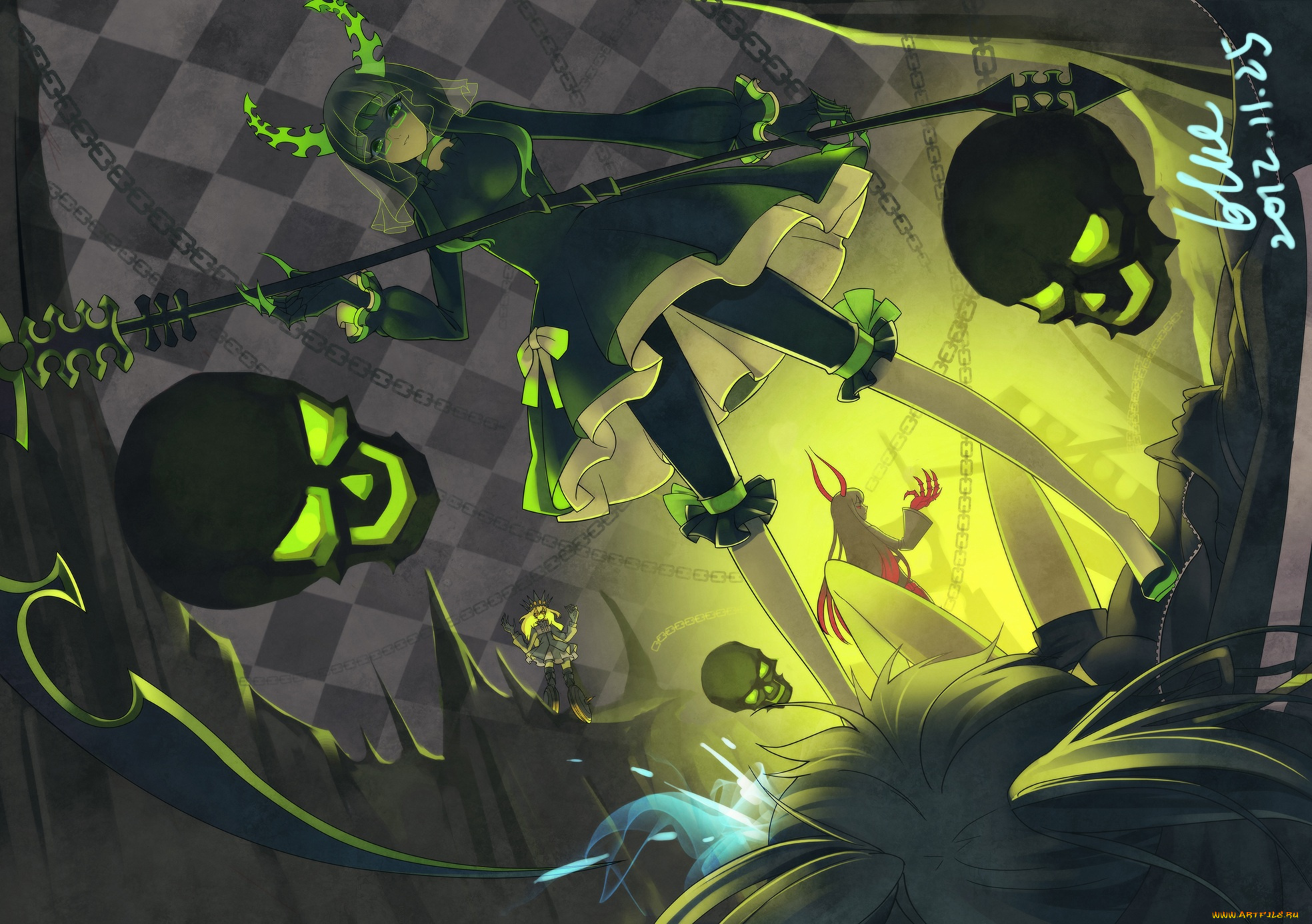 аниме, black, rock, shooter, irino, saya, blue, artist, takanashi, yomi, kuroi, mato, izuriha, kagari, black, rock, shooter, черепа, оружие, девушка, арт