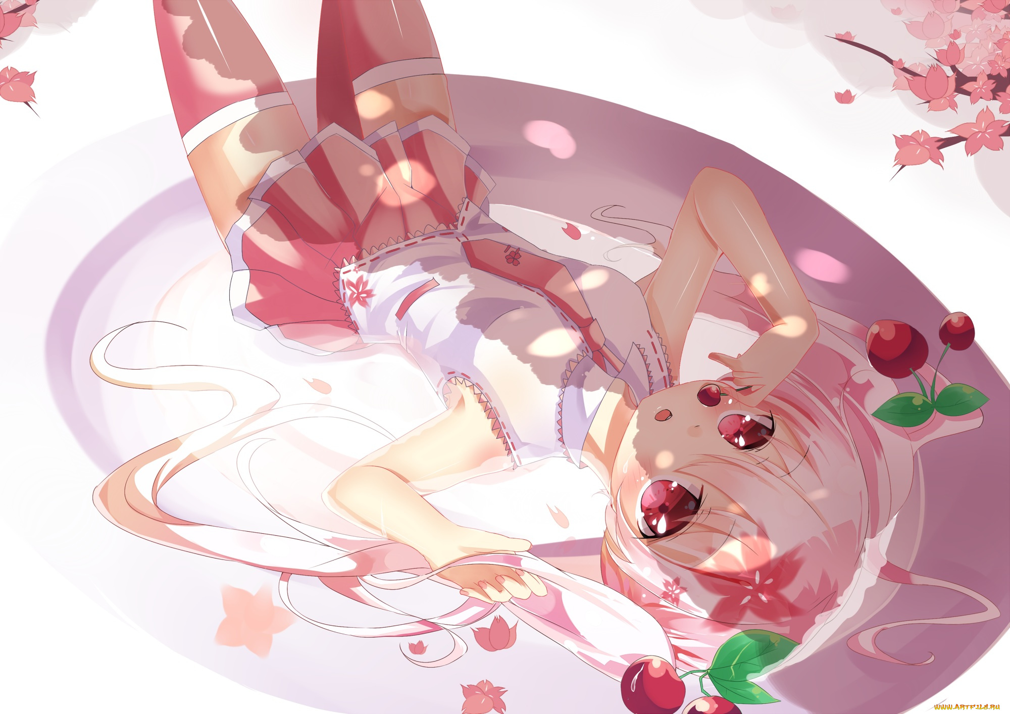 аниме, vocaloid, sakura, miku, hatsune, лежит, девушка, арт