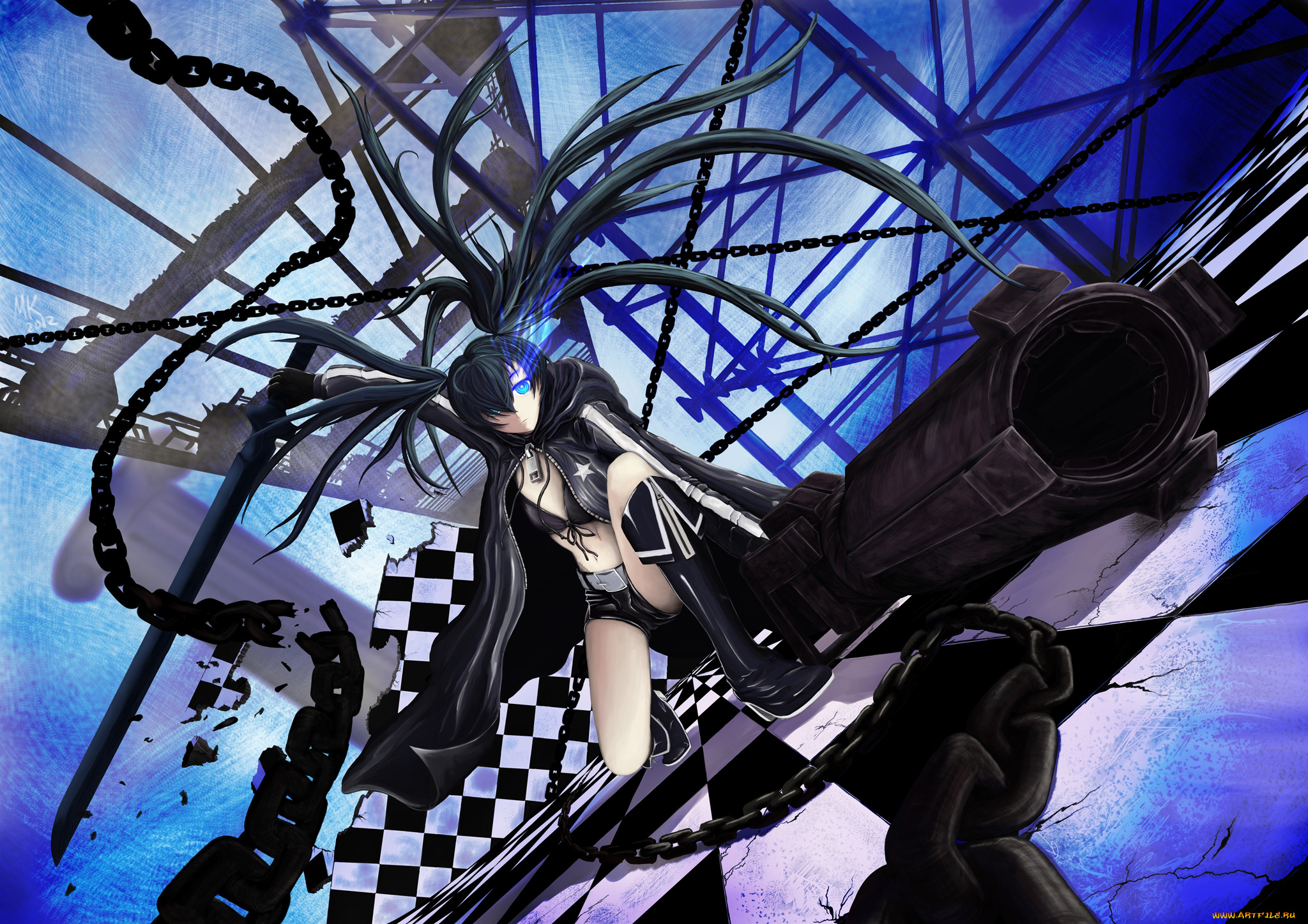 аниме, black, rock, shooter, black, rock, shooter, kuroi, mato, оружие, mk, nyunyu, арт, девушка, цепи