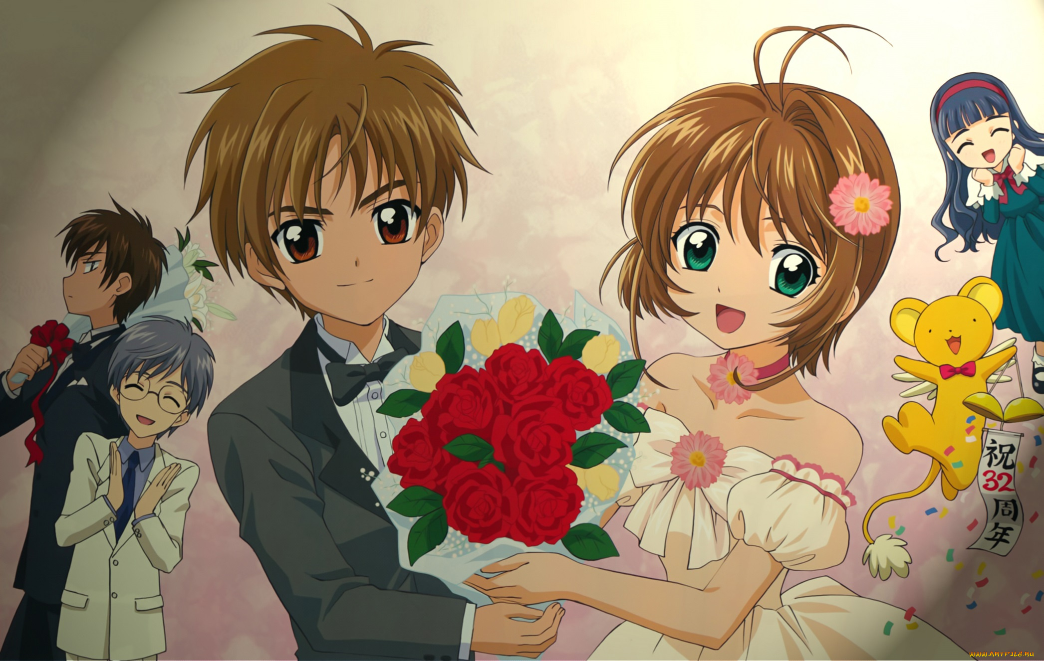 аниме, card, captor, sakura, мальчик, букет, девочка