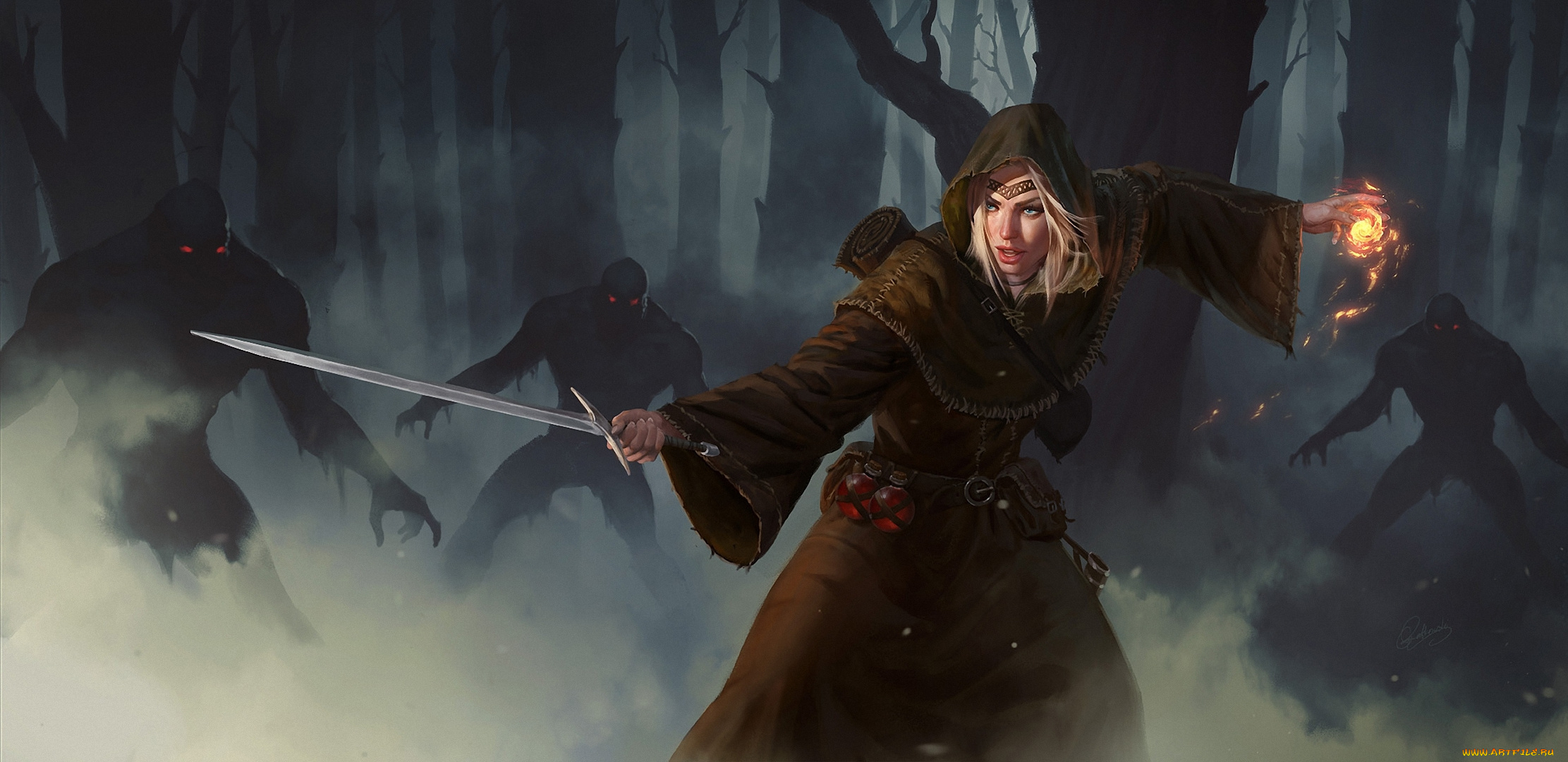 фэнтези, девушки, девушка, нежить, меч, лес, магия, арт