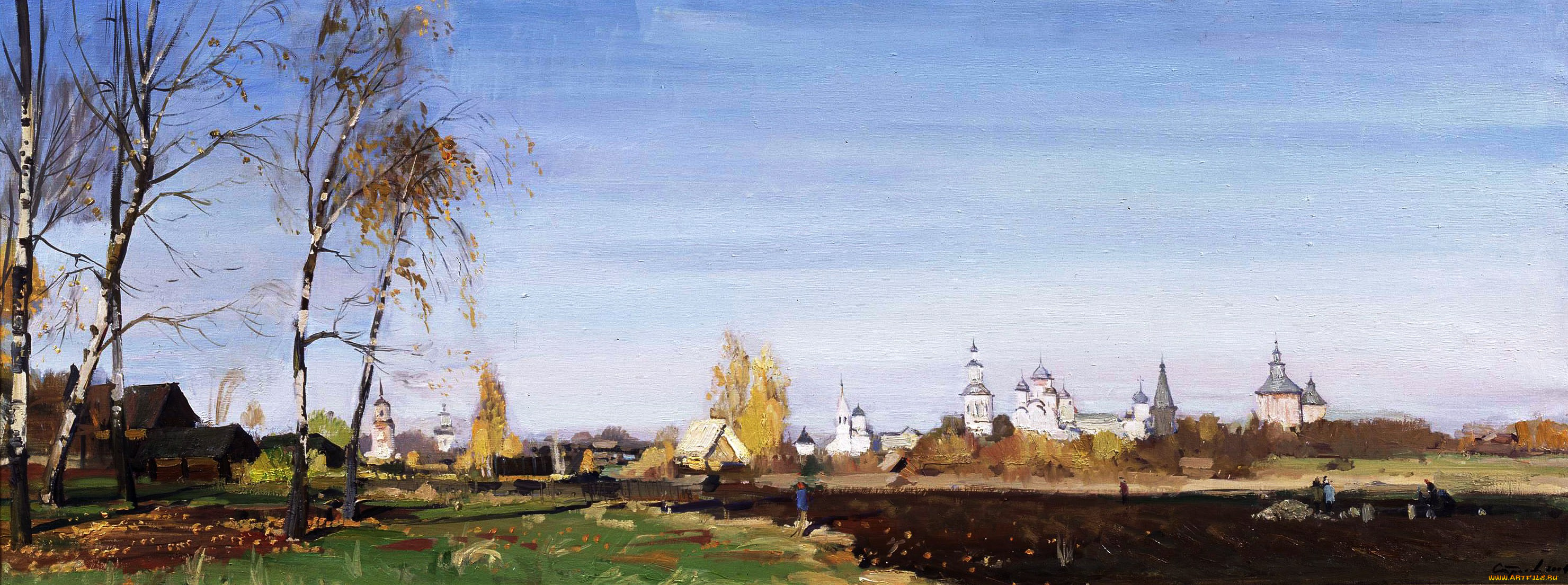 бабье, лето, -, валерий, страхов, рисованное, живопись, церкви, пашня, селение, деревья, осень