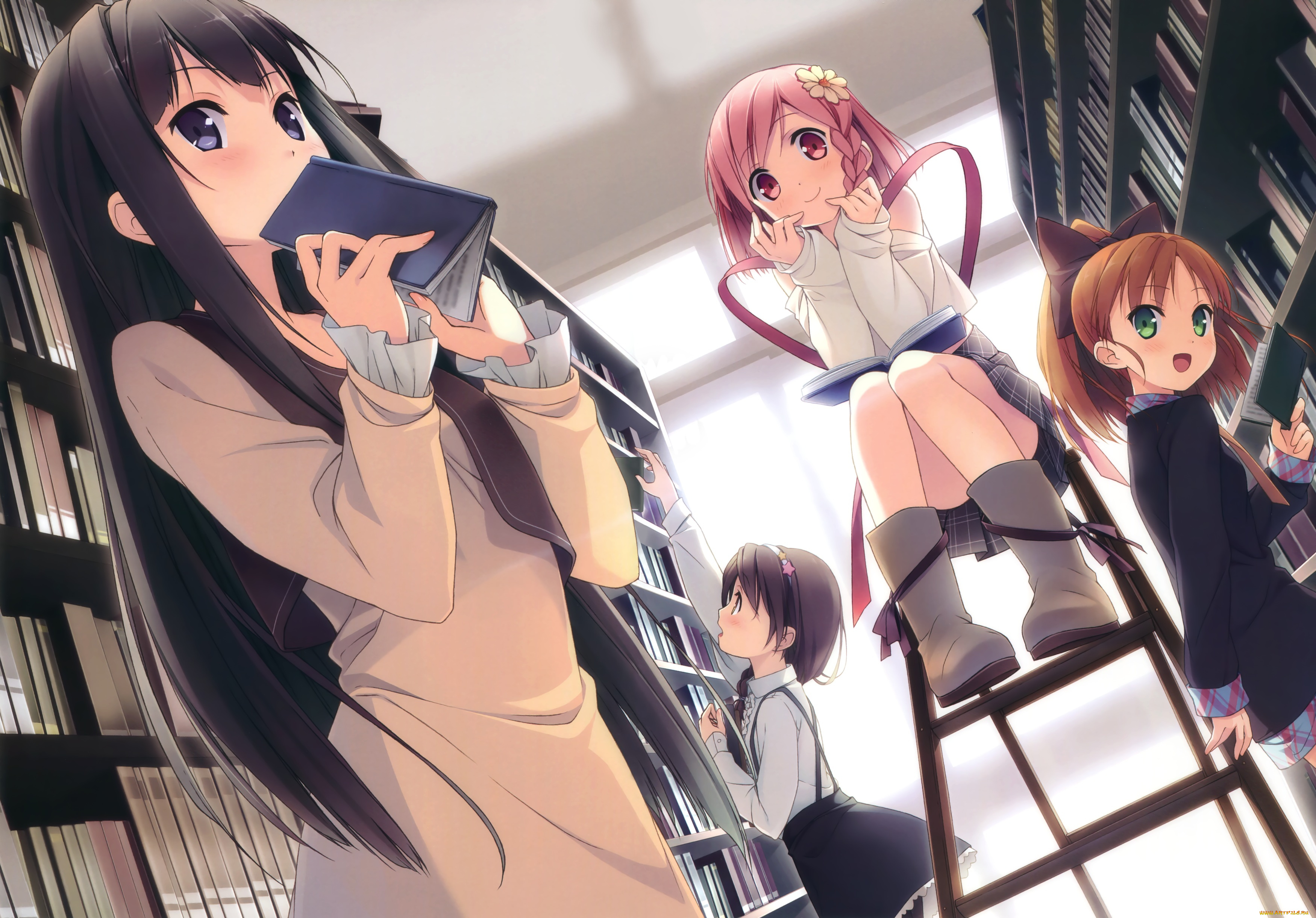 kantoku, , artbook, аниме, библиотека, фон, взгляд, девушки