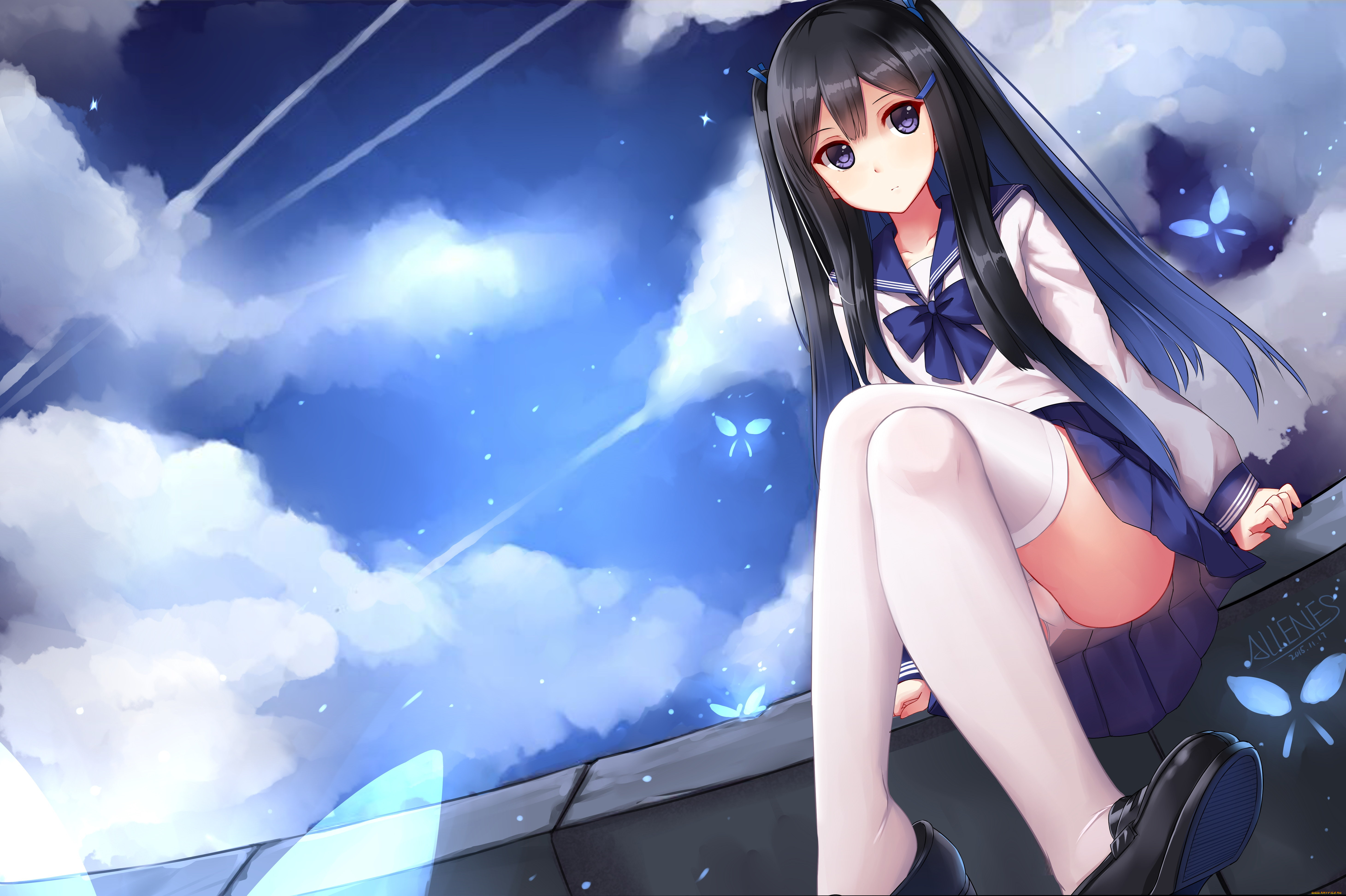 аниме, unknown, , другое, облака, небо, девушка, арт, allenes