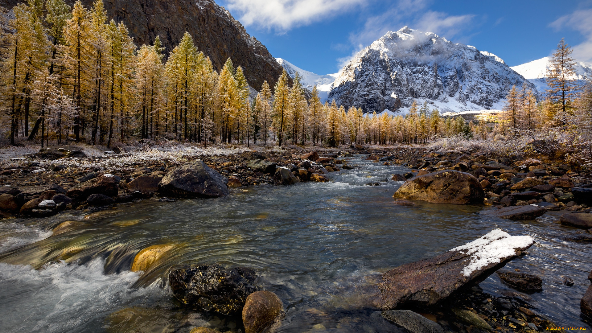 природа, реки, озера, горы, снег, деревья, река, камни