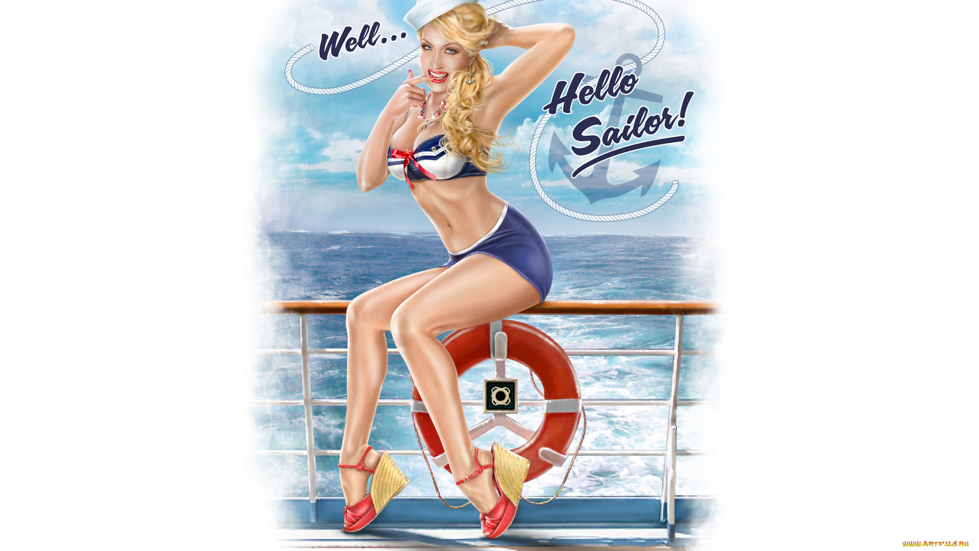 рисованное, комиксы, девушка, фон, взгляд, улыбка, море, корабль