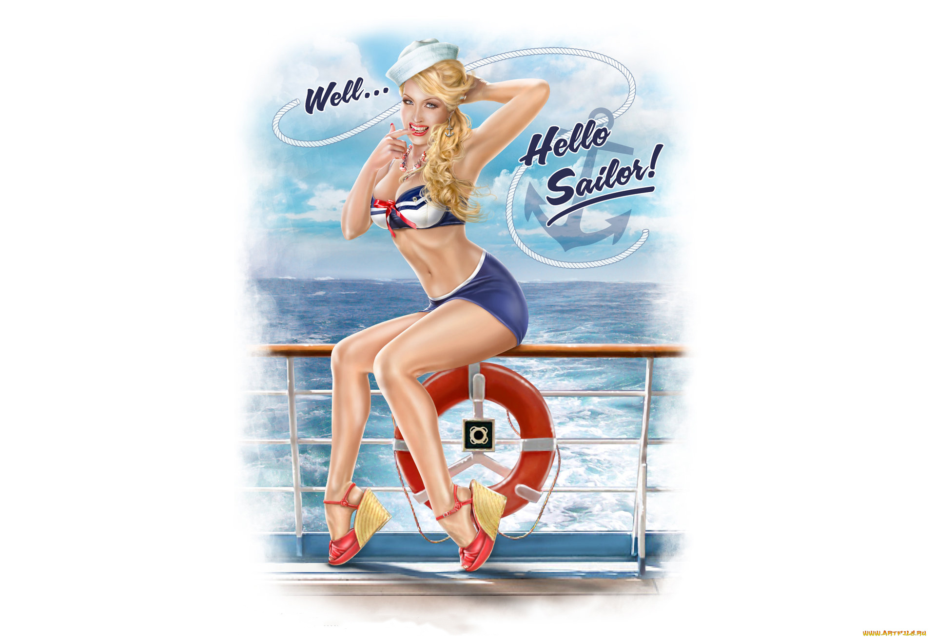 рисованное, комиксы, девушка, фон, взгляд, улыбка, море, корабль