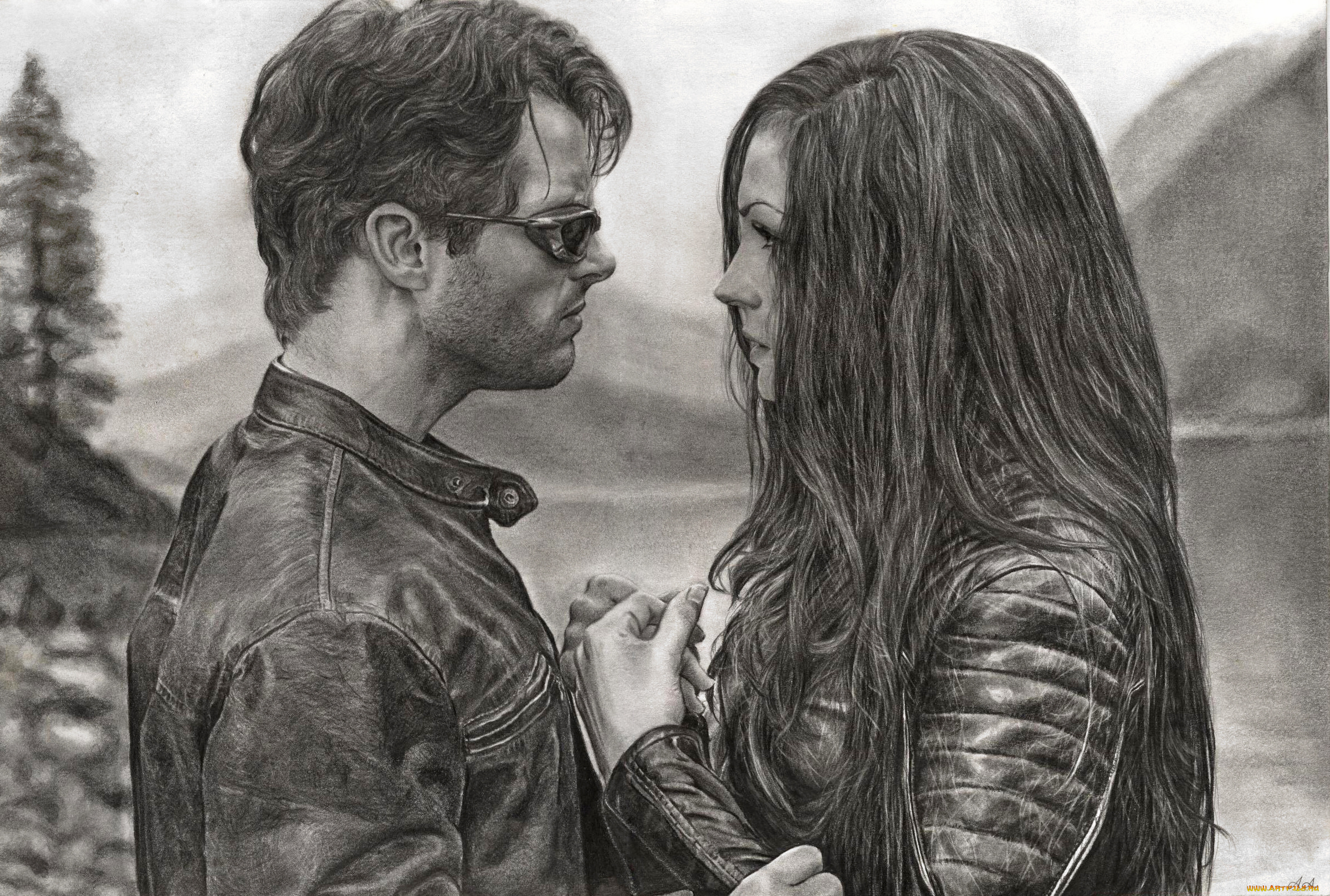 рисованное, кино, девушка, мужчина, очки