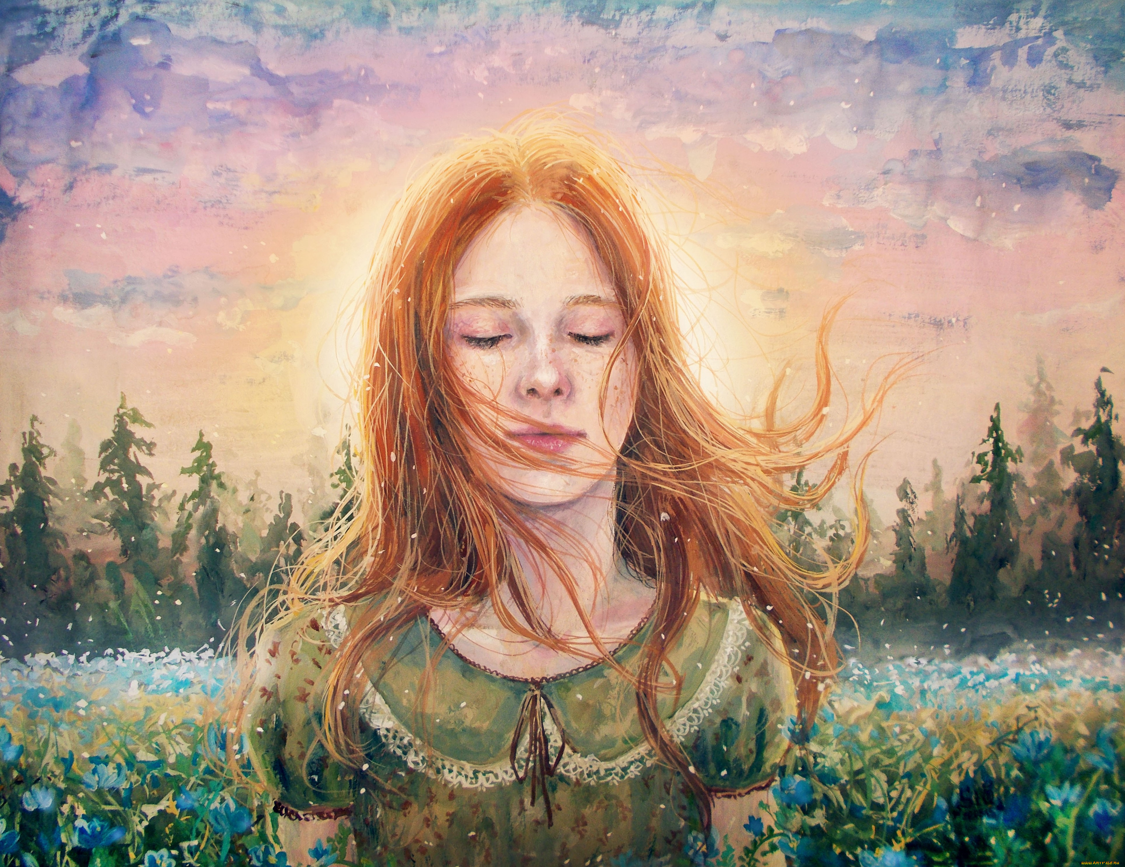 рисованное, живопись, девочка, фон, природа