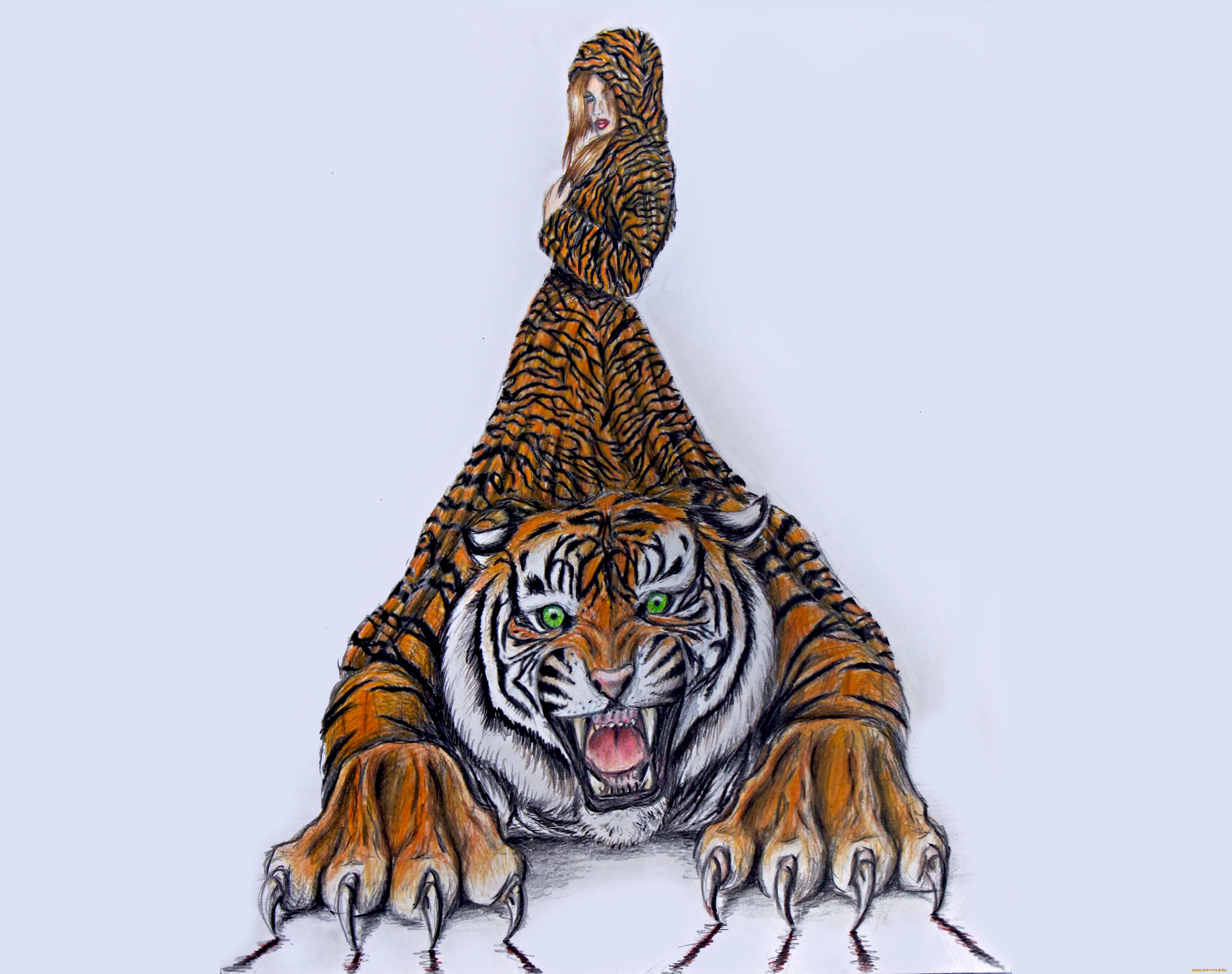 рисованное, комиксы, девушка, фон, тигр, плащ