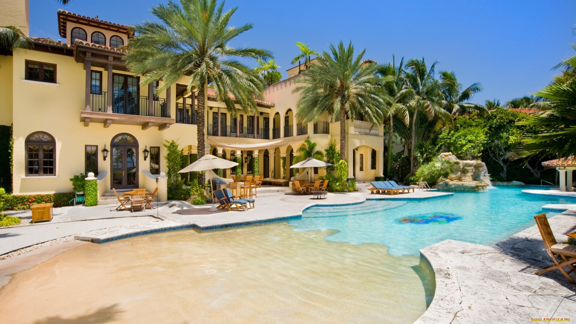 интерьер, бассейны, , открытые, площадки, дом, столики, бассейн, пальмы, особняк