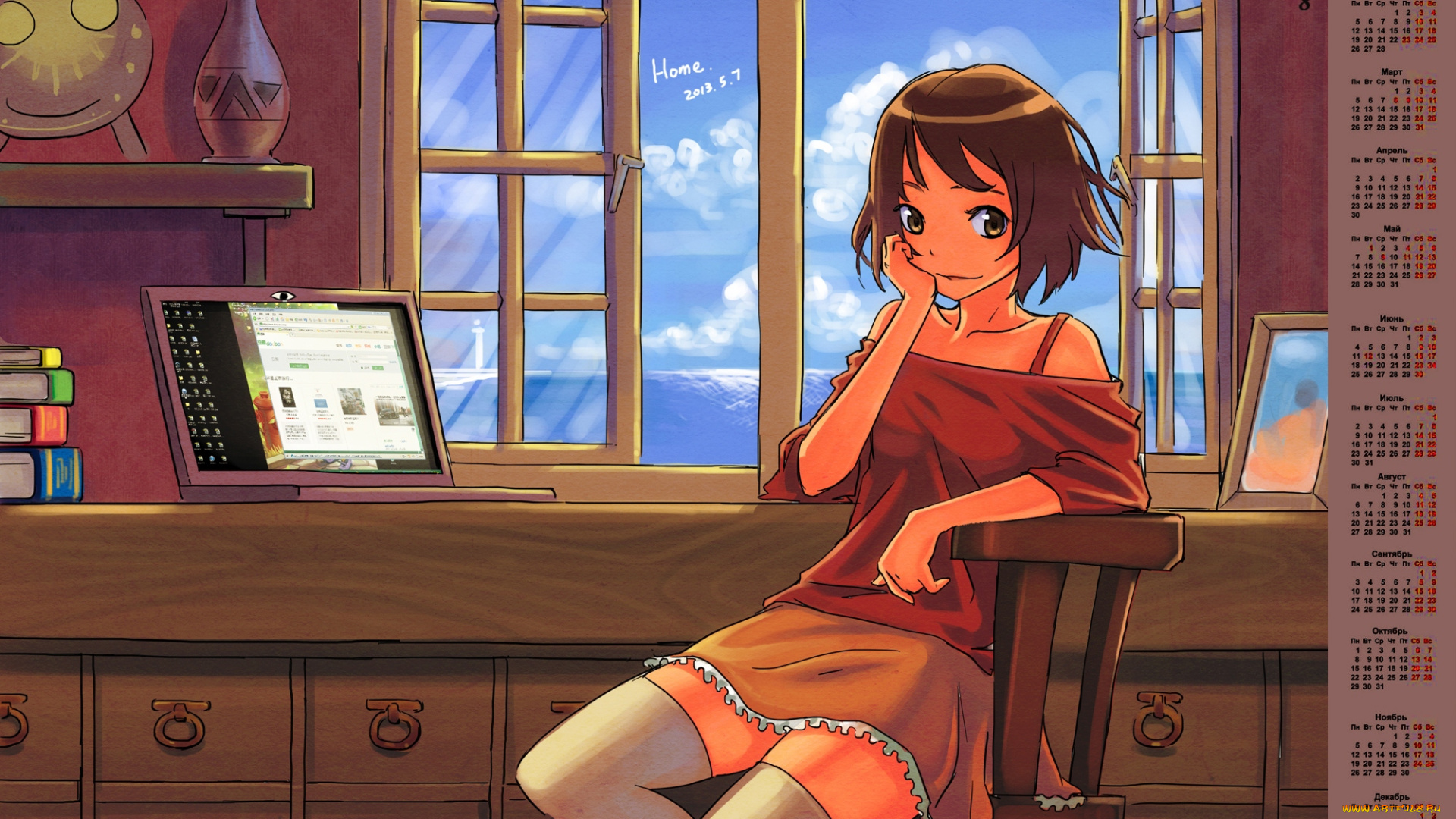 календари, аниме, кувшин, стул, 2018, девушка, взгляд, окно, монитор