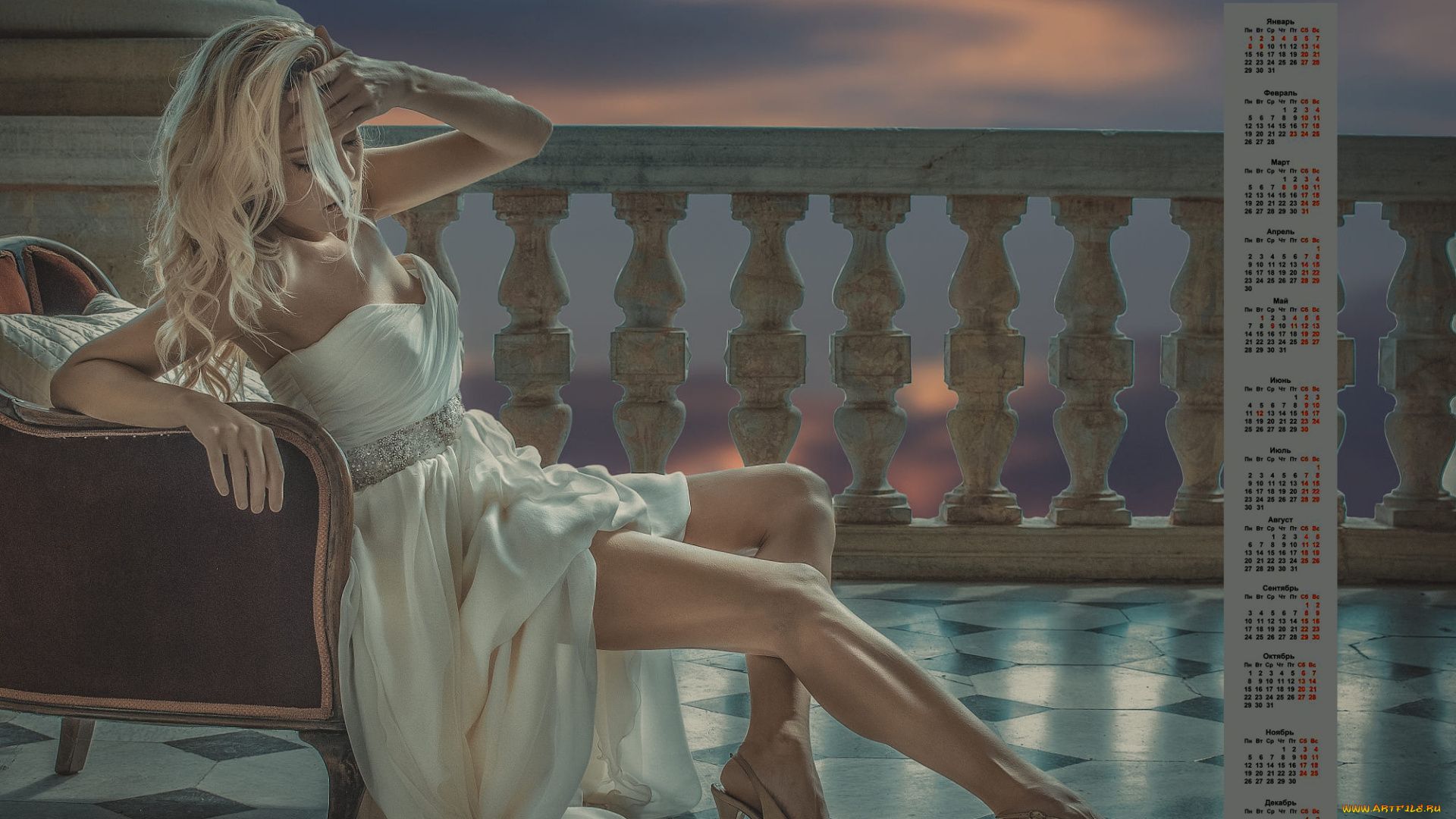 календари, девушки, блондинка, 2018, кресло