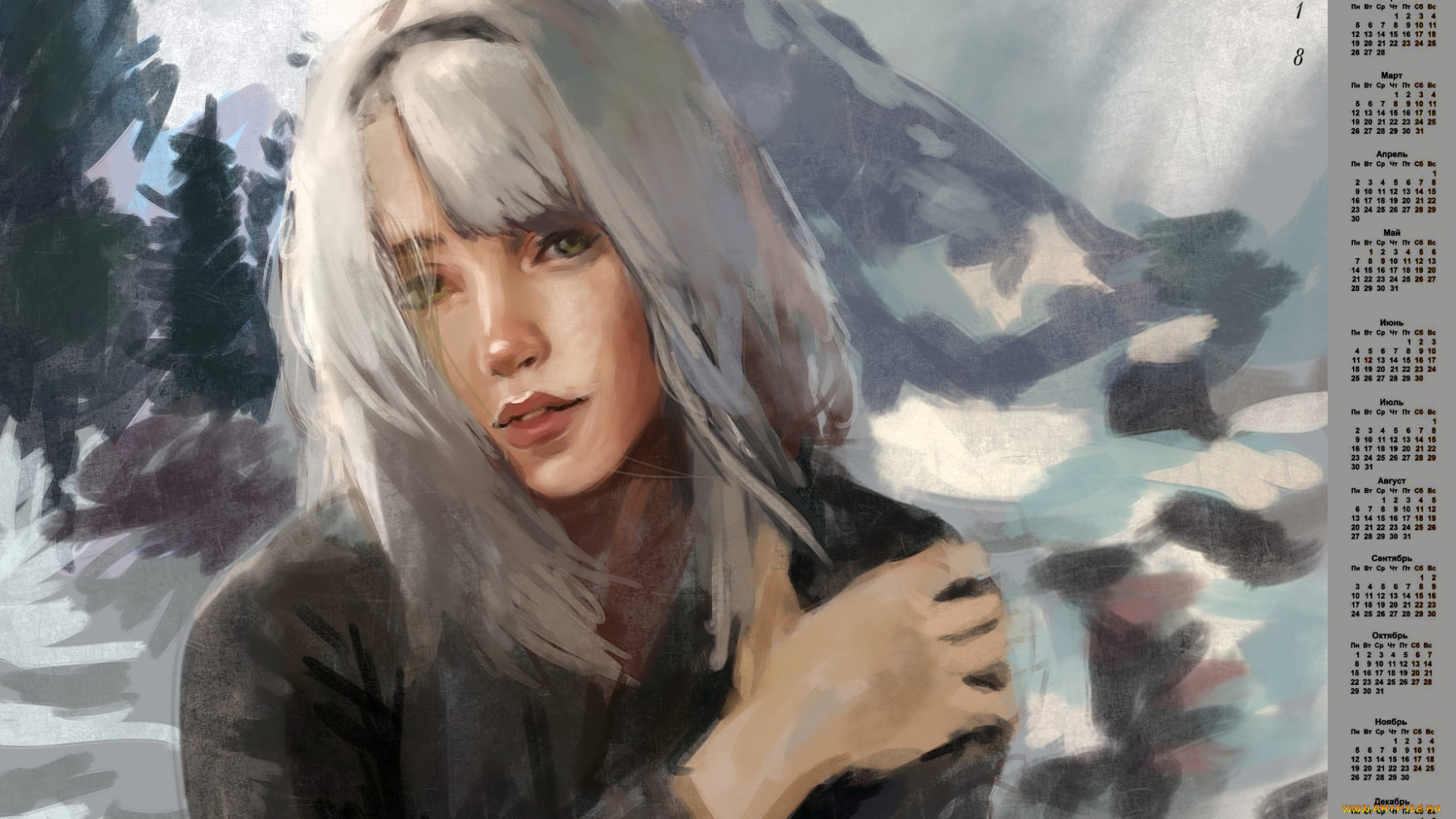 календари, рисованные, , векторная, графика, взгляд, 2018, девушка, снег, гора