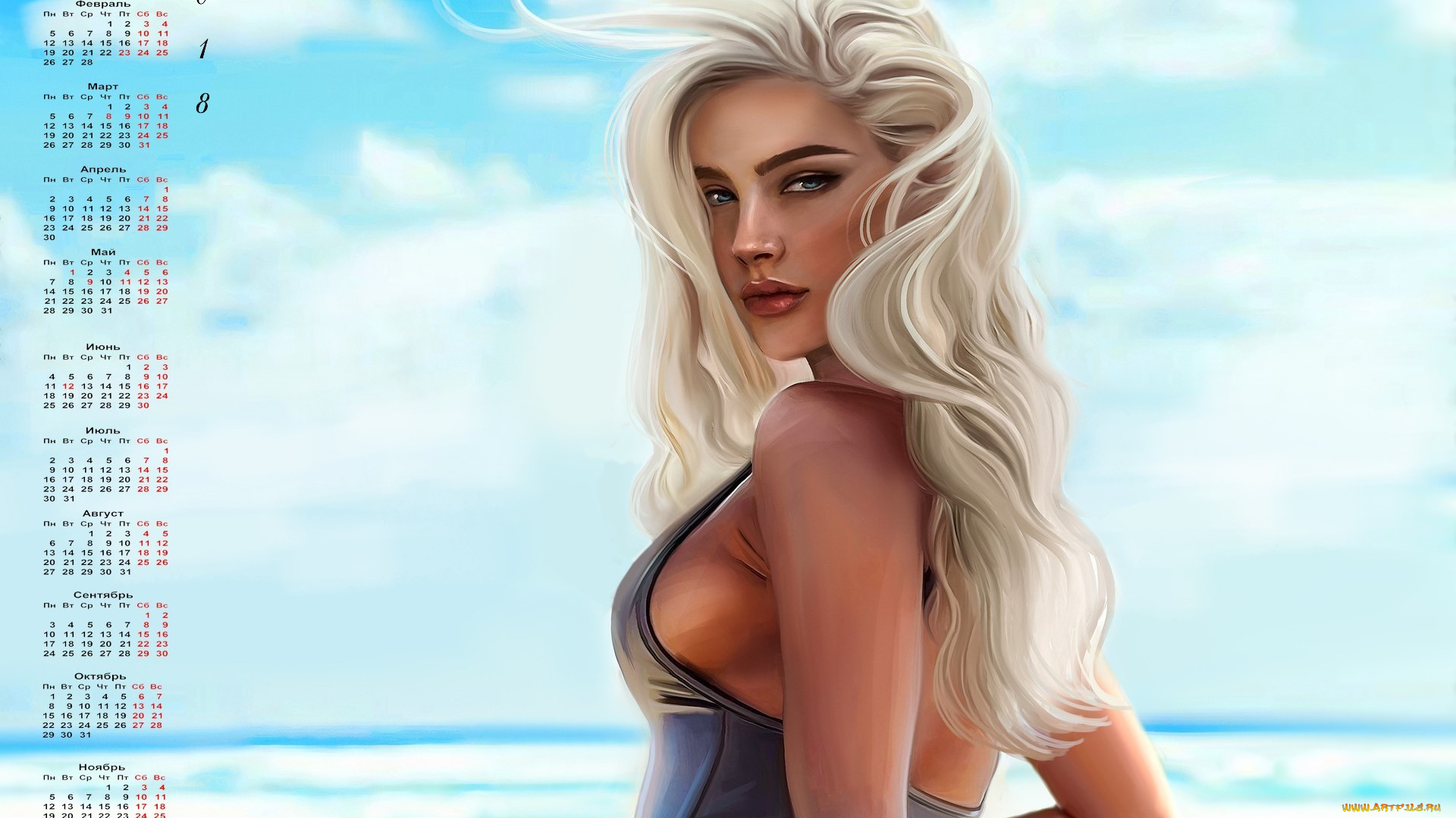 календари, рисованные, , векторная, графика, 2018, облака, взгляд, девушка