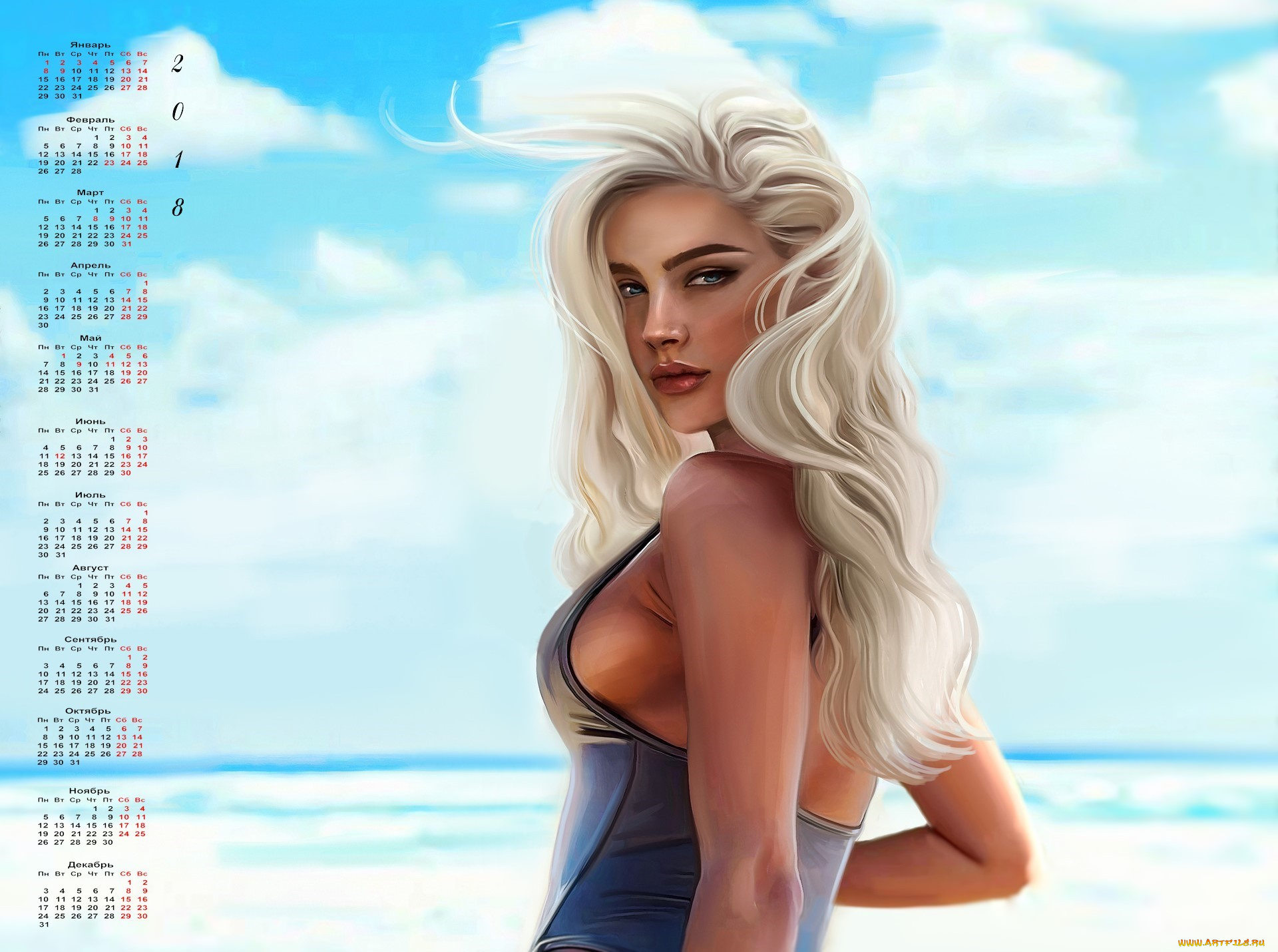 календари, рисованные, , векторная, графика, 2018, облака, взгляд, девушка