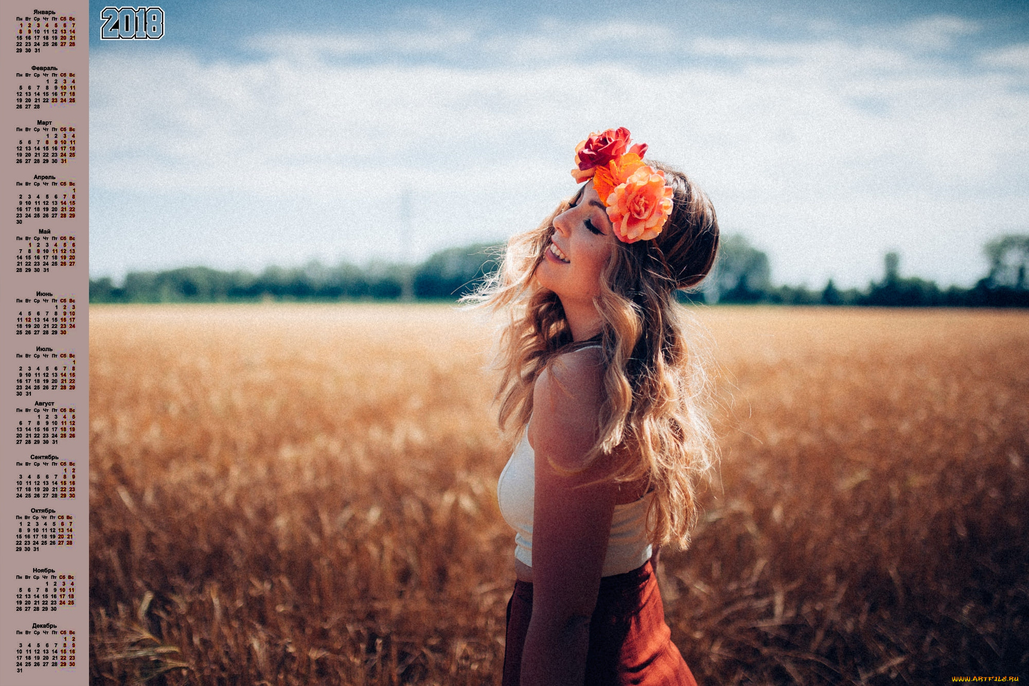 календари, девушки, растения, цветы, венок, профиль, 2018