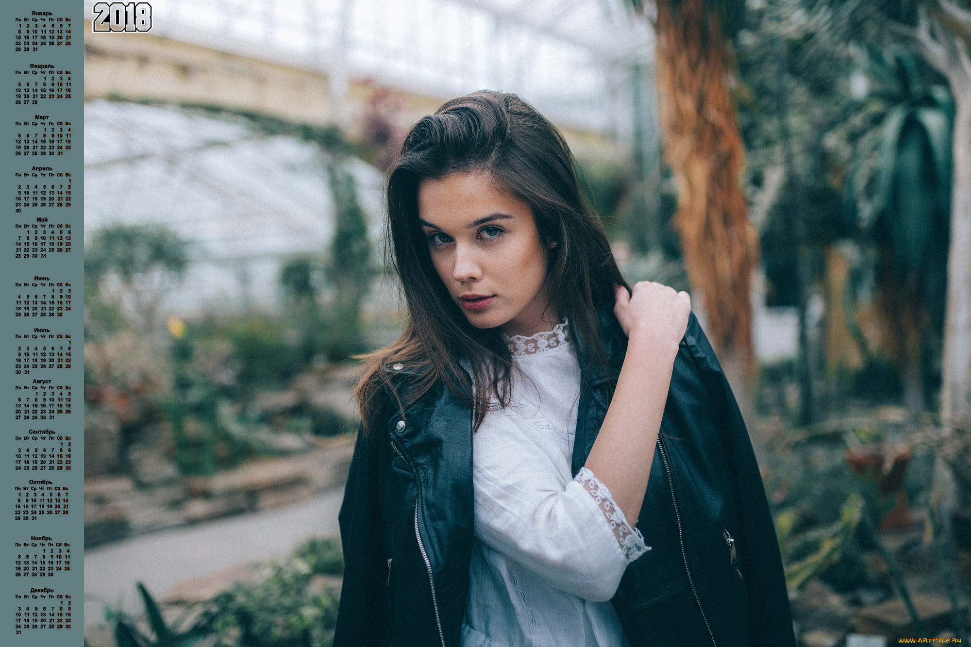 календари, девушки, взгляд, 2018, растения