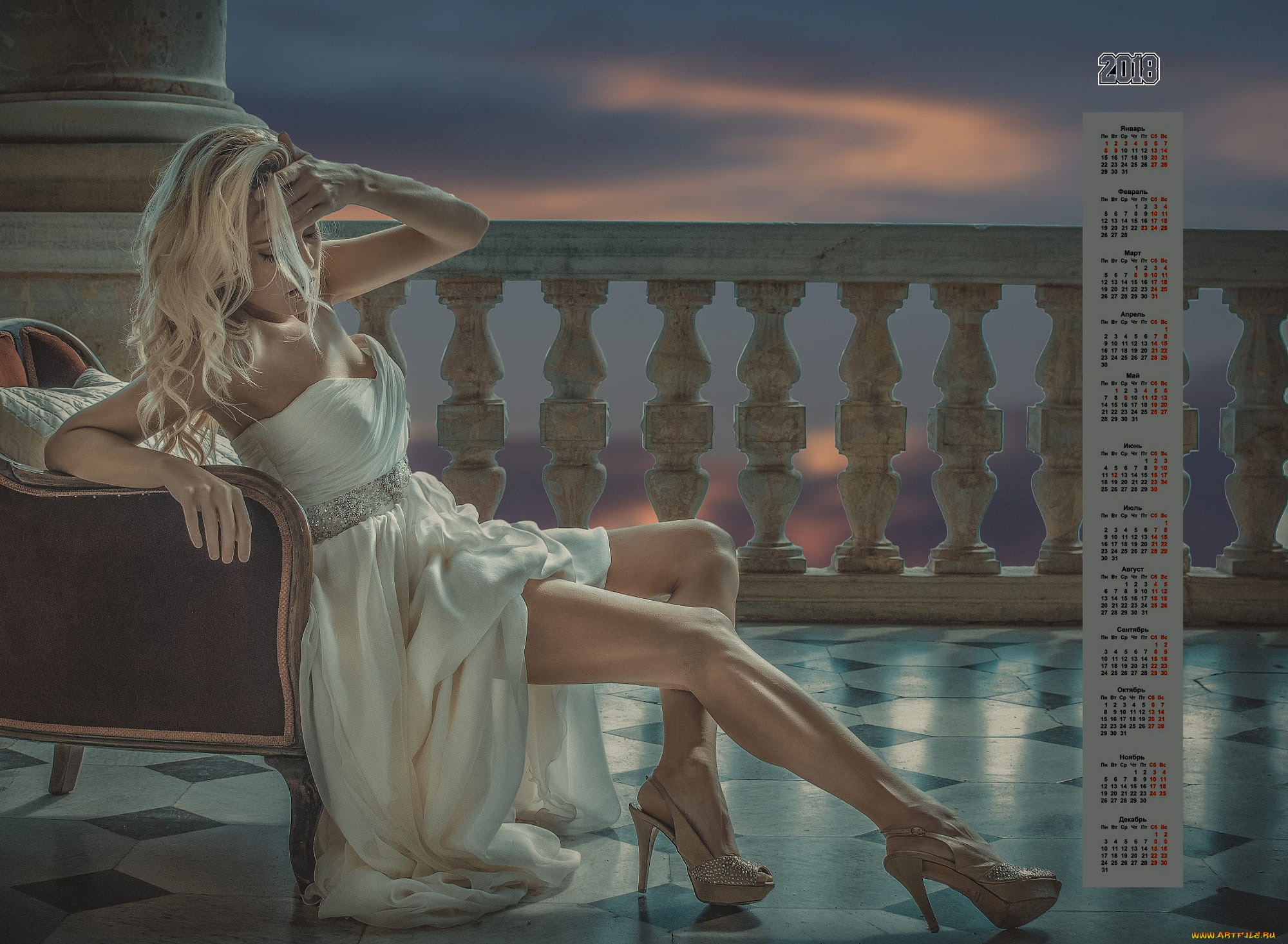 календари, девушки, блондинка, 2018, кресло