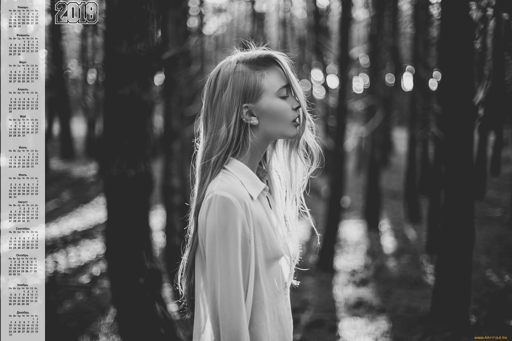 календари, девушки, профиль, 2018, деревья