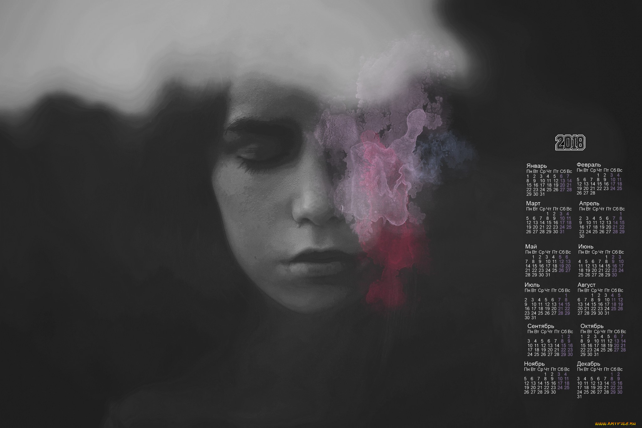 календари, компьютерный, дизайн, девушка, 2018, лицо
