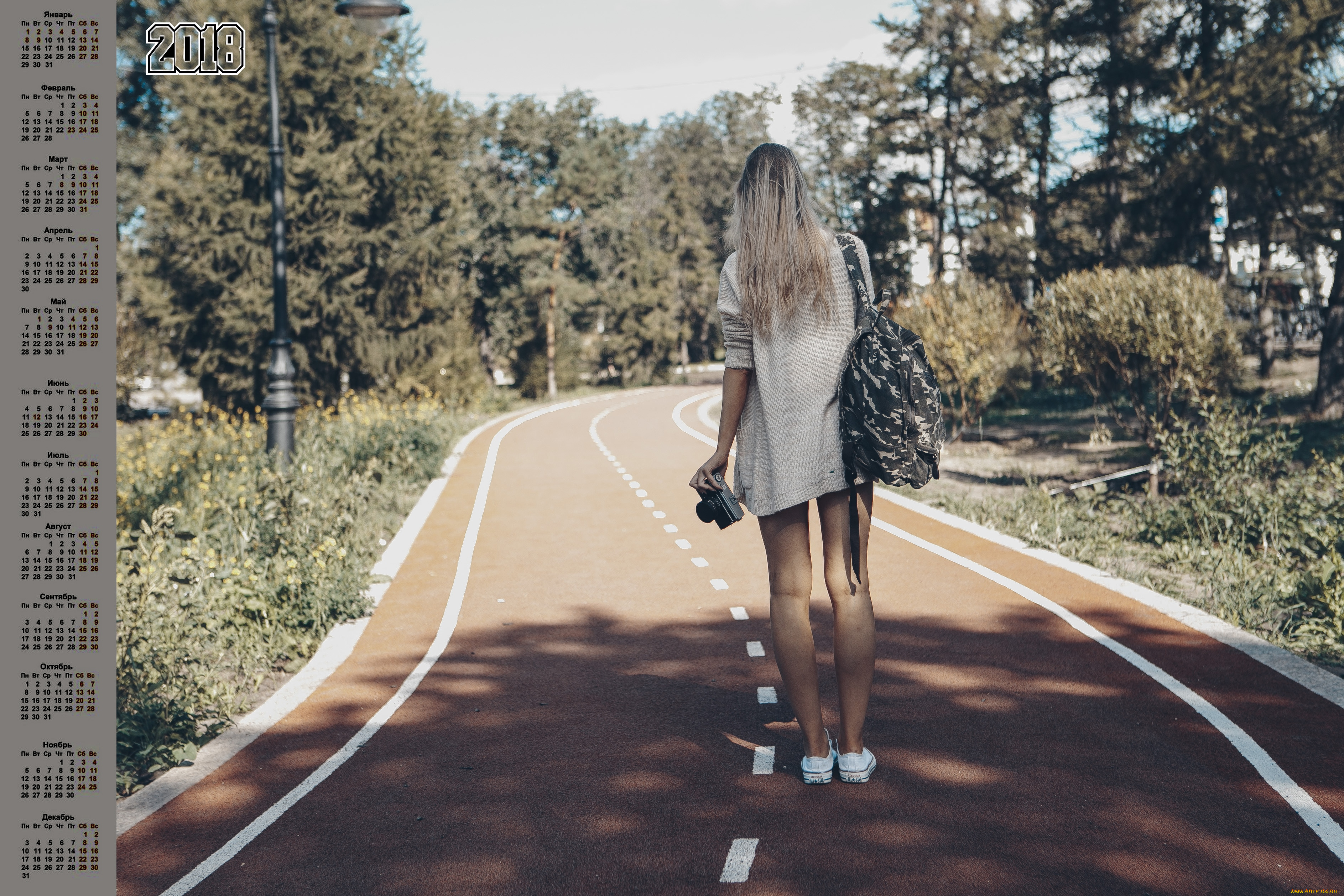 календари, девушки, рюкзак, деревья, фотоаппарат, растения, дорога, 2018