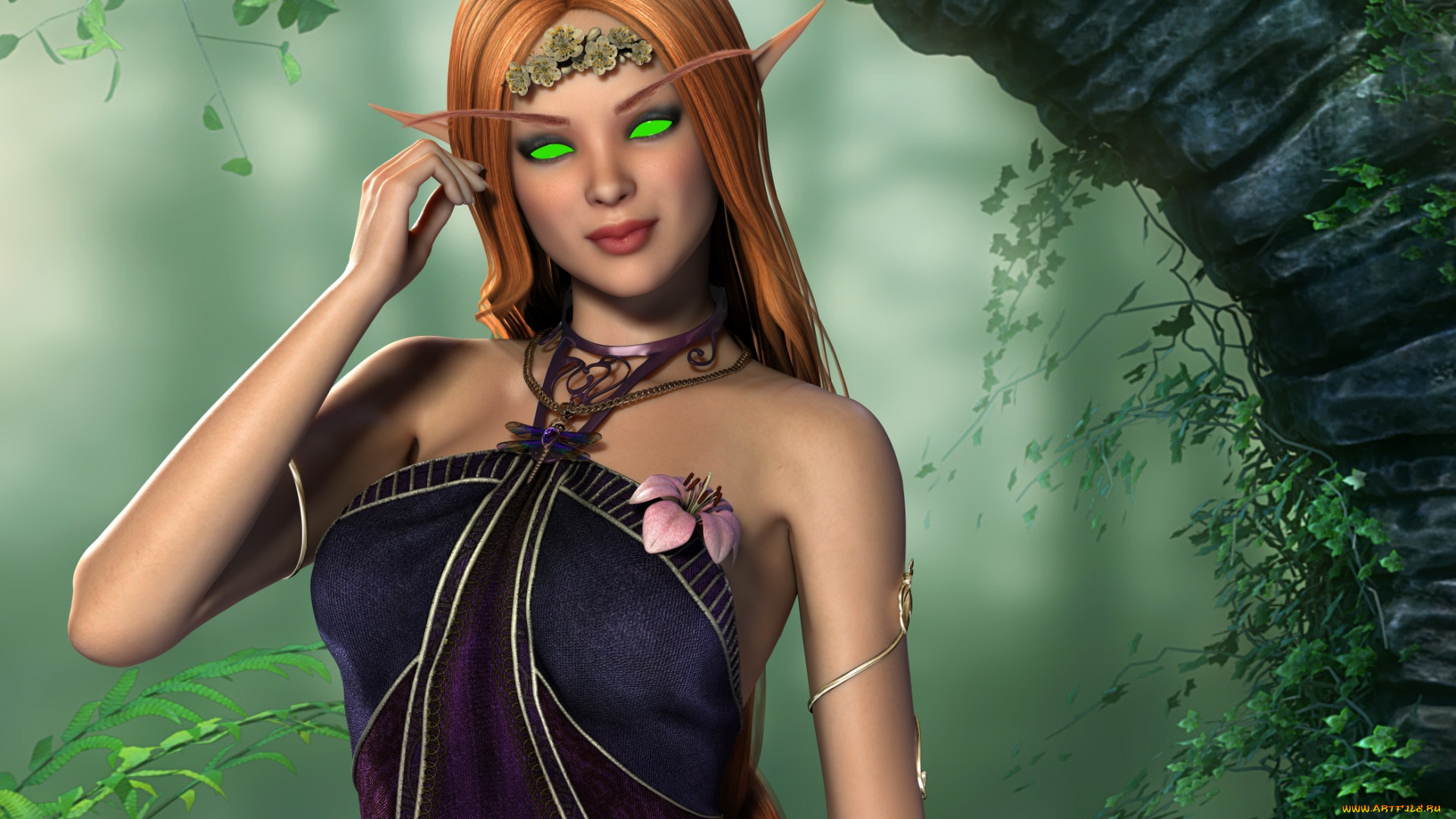 3д, графика, эльфы, , elves, взгляд, фон, эльфийка