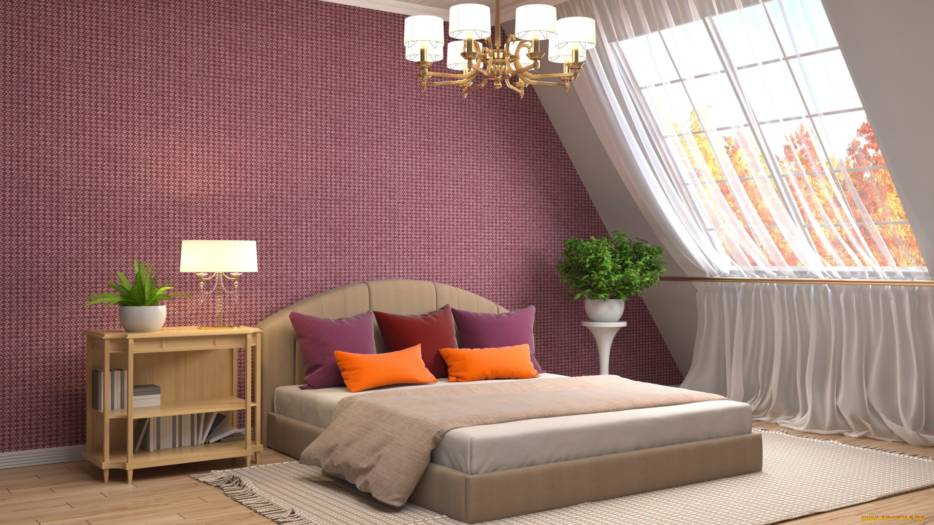 3д, графика, реализм, , realism, дизайн, дом, кровать, интерьер, окно, люстра, спальня