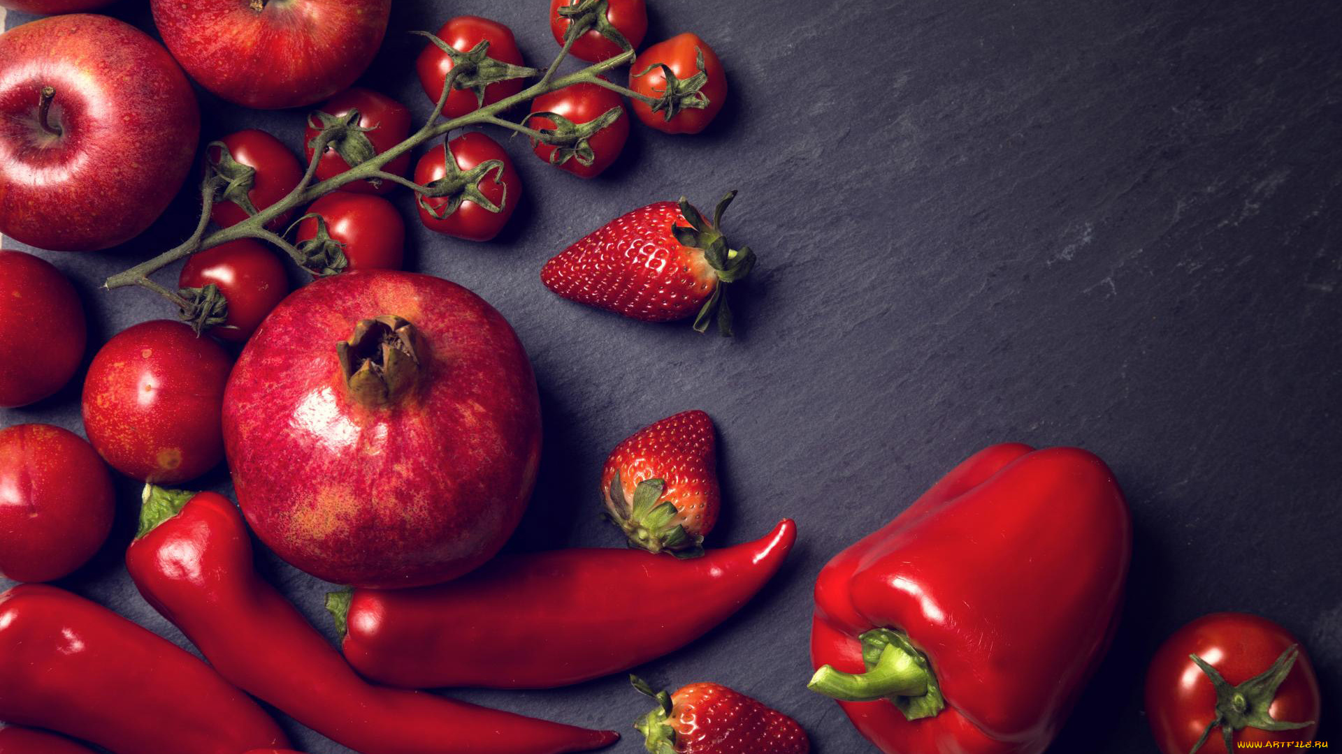 еда, фрукты, и, овощи, вместе, яблоки, клубника, помидоры, гранат, перец, томаты