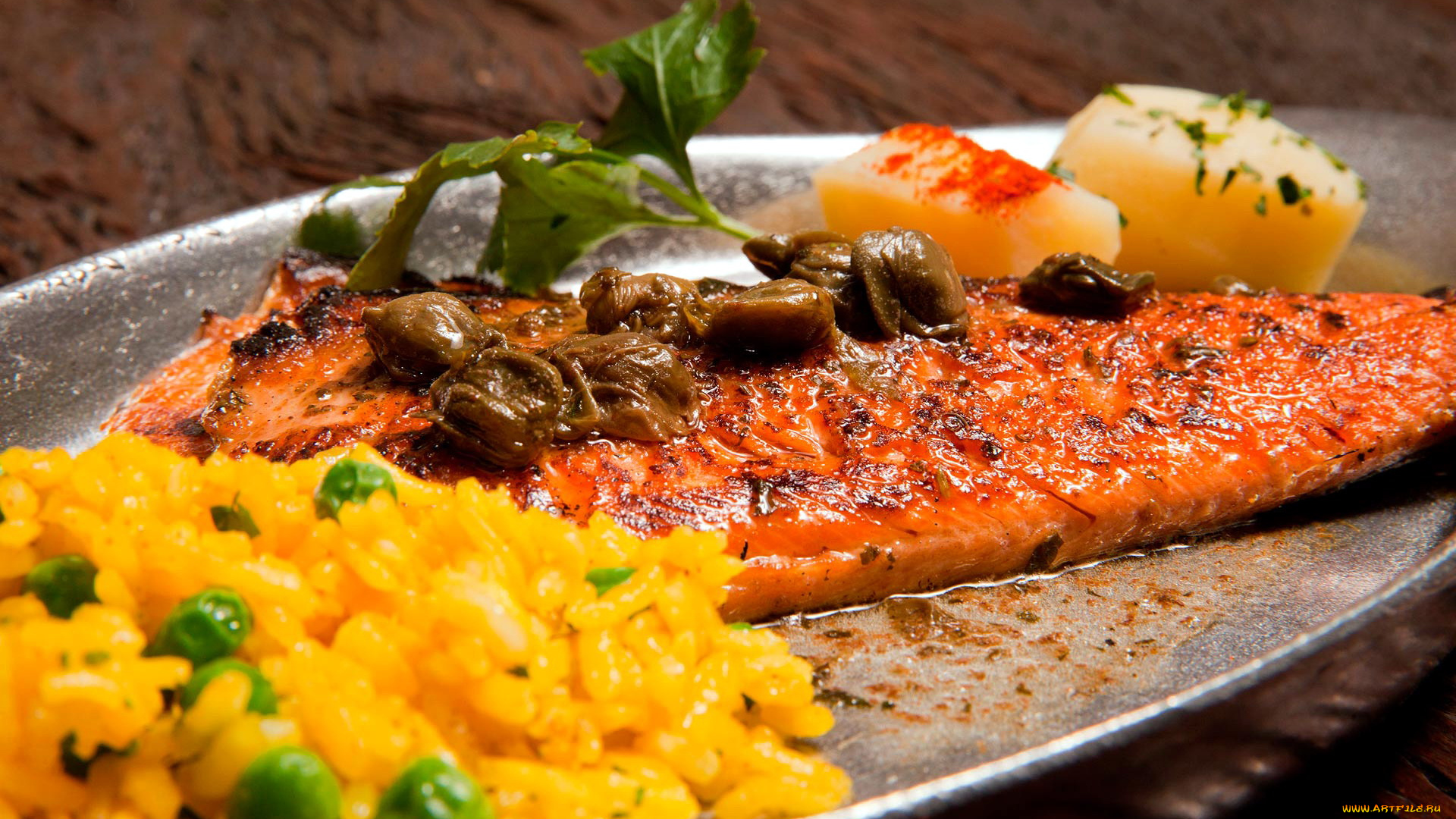 еда, рыбные, блюда, , с, морепродуктами, рис, каперсы, форель