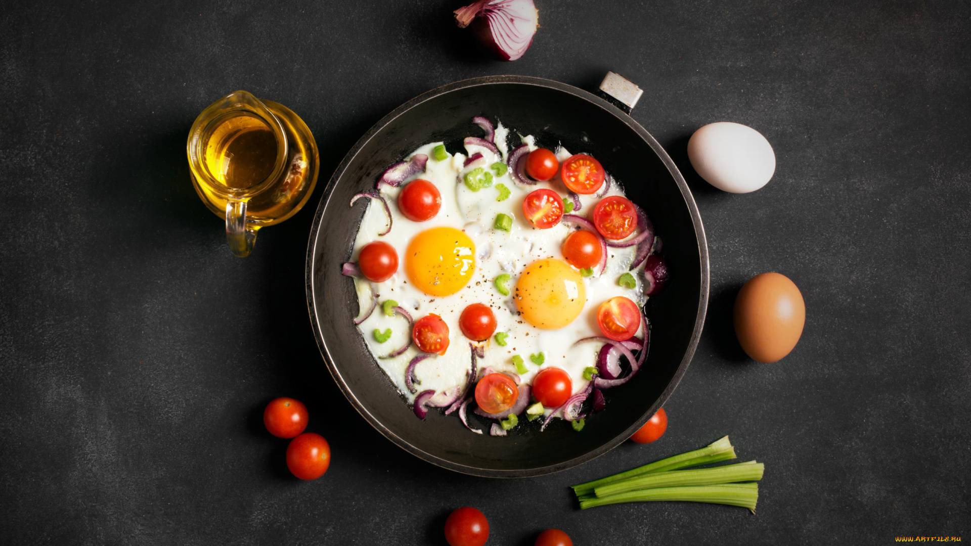 еда, Яичные, блюда, овощи, глазунья, яичница, томаты, помидоры, лук, зелень, яйца