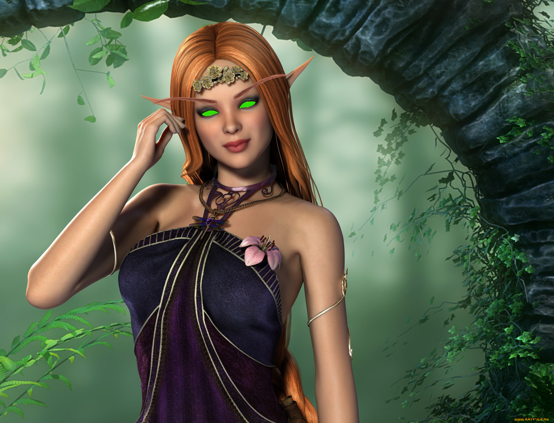 3д, графика, эльфы, , elves, взгляд, фон, эльфийка