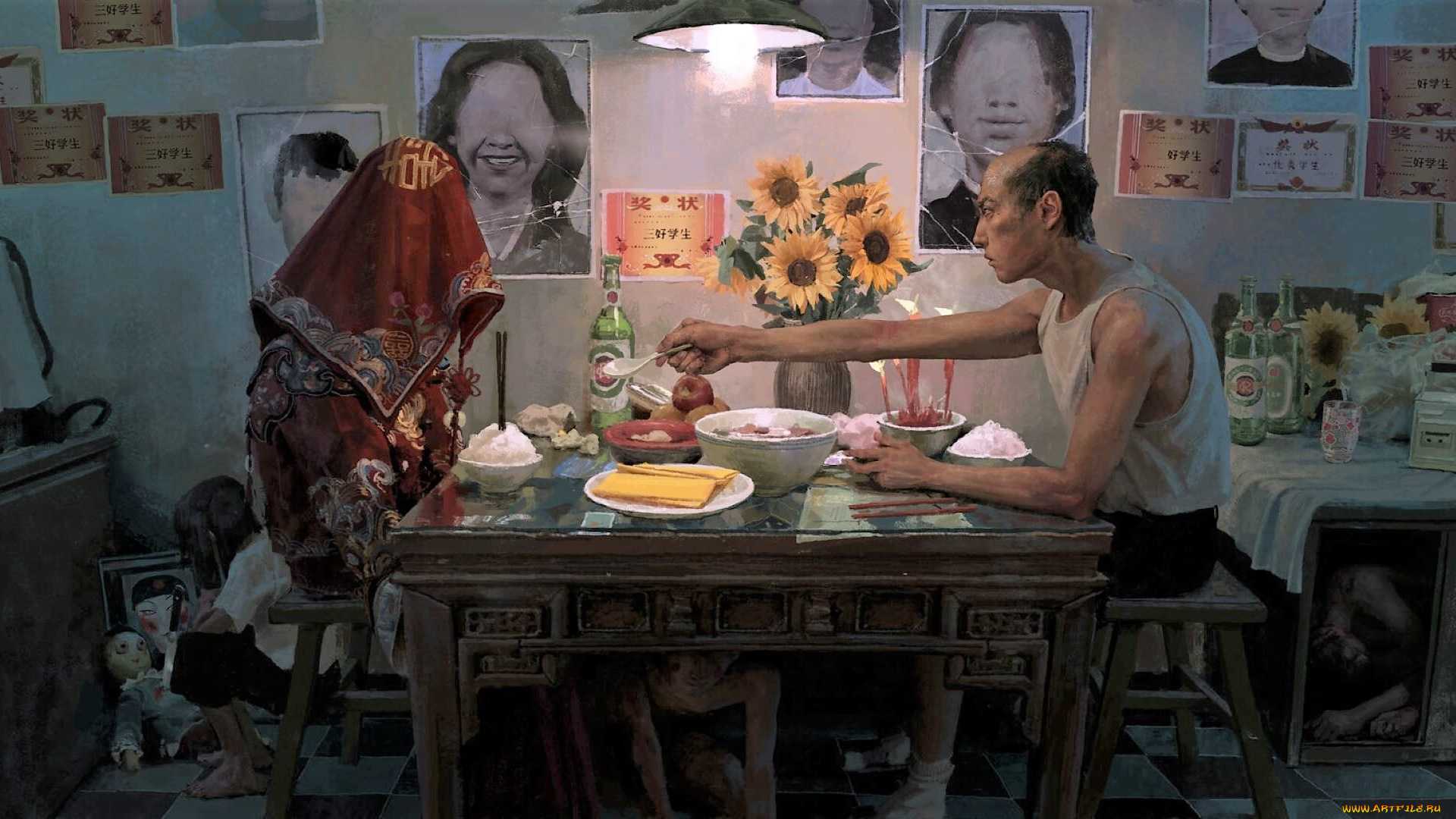 фэнтези, существа, мужчина, женщина, дети, стол, еда