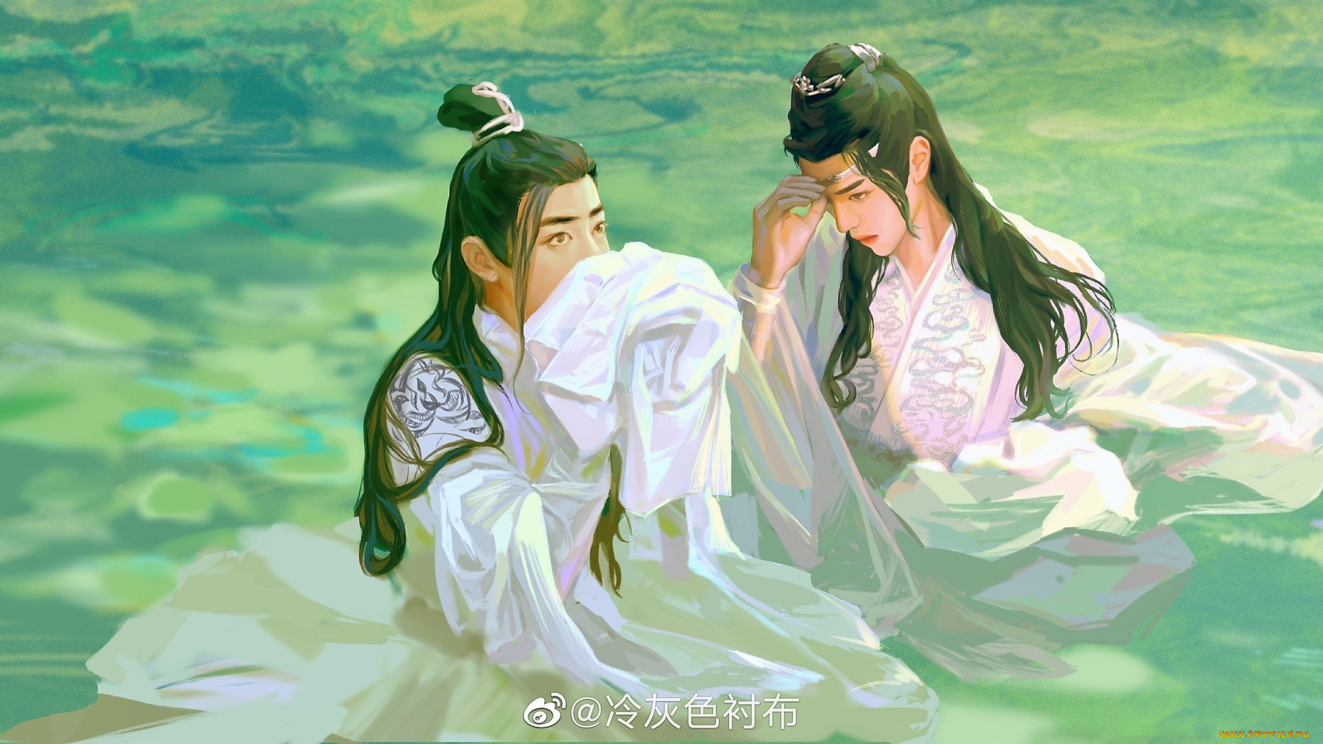 рисованное, люди, ван, ибо, сяо, чжань, съемки, костюмы, озеро