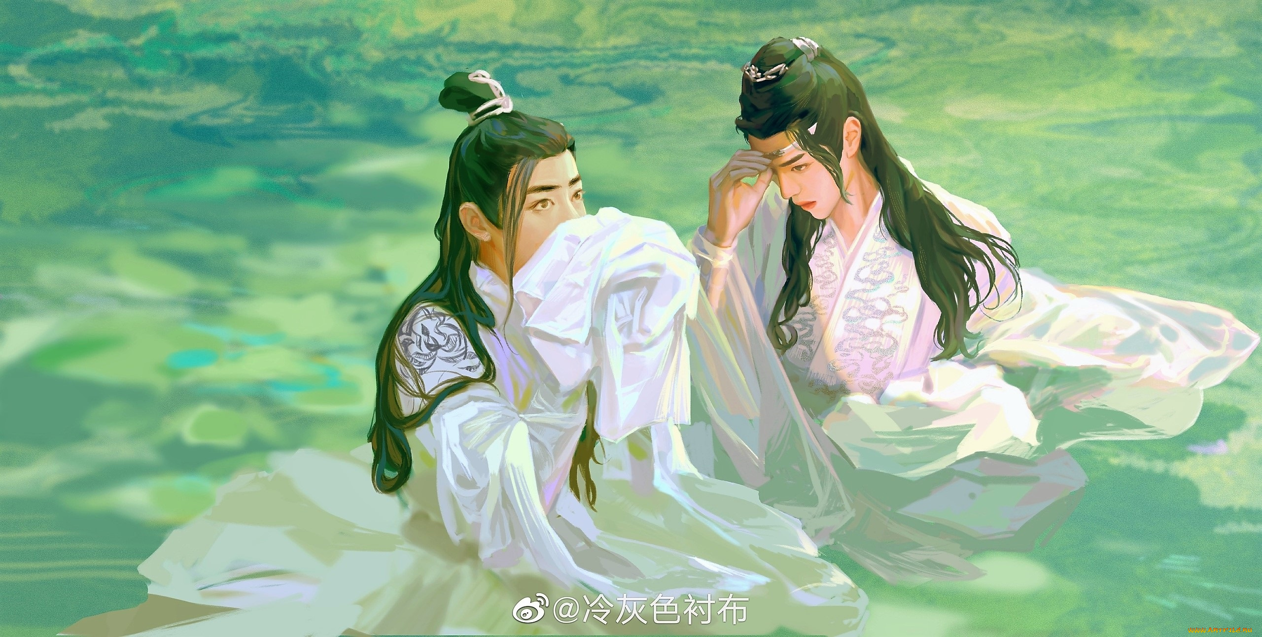 рисованное, люди, ван, ибо, сяо, чжань, съемки, костюмы, озеро