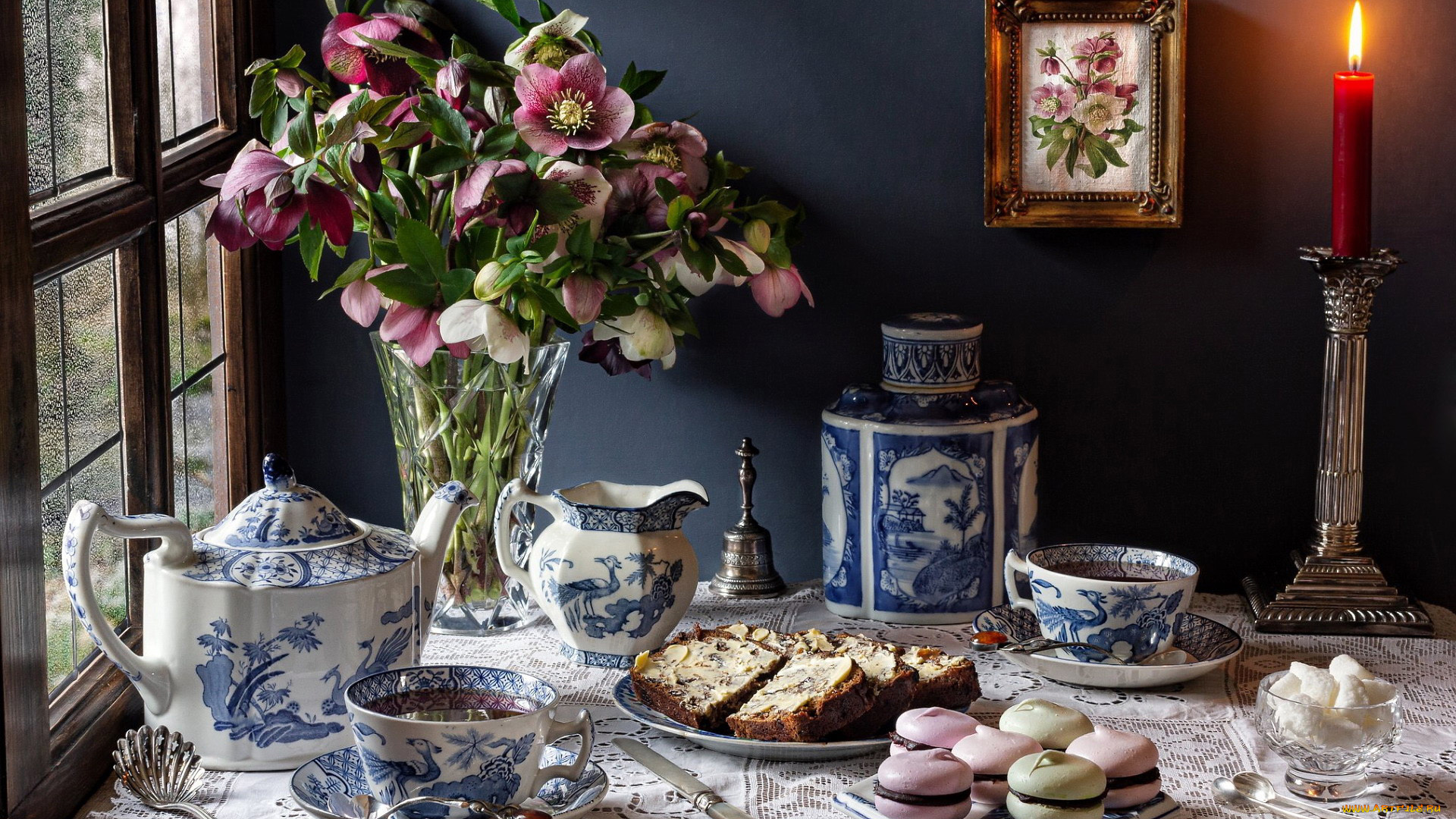 еда, натюрморт, букет, свеча, чай, макаруны, пирог, картина