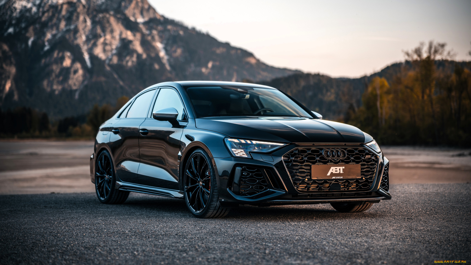 abt, audi, rs, 3-s, sedan, 2024, автомобили, audi, черный, горы, площадка, деревья, осень