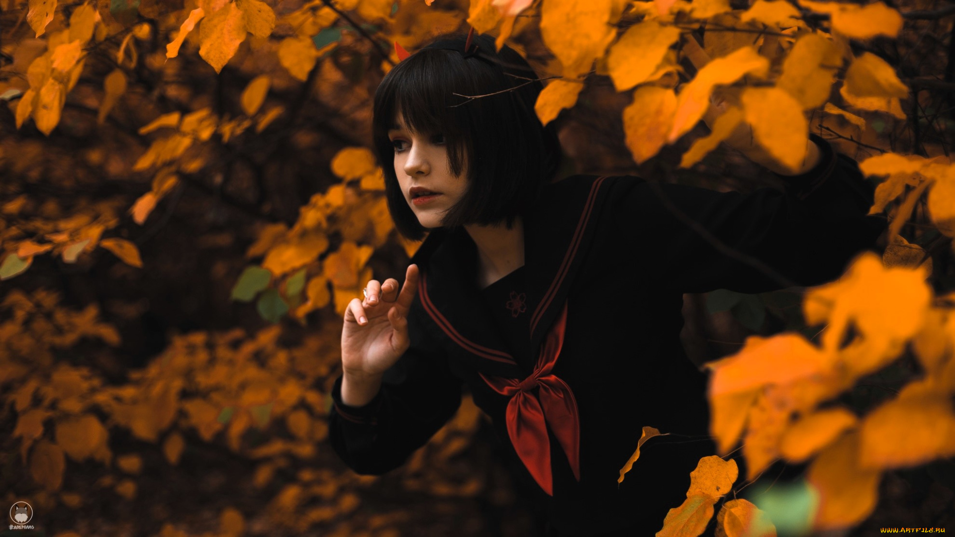 девушки, tenletters, образ, косплей, наряд, костюм, воротник, галстук, осень, парк, деревья, кусты, листья