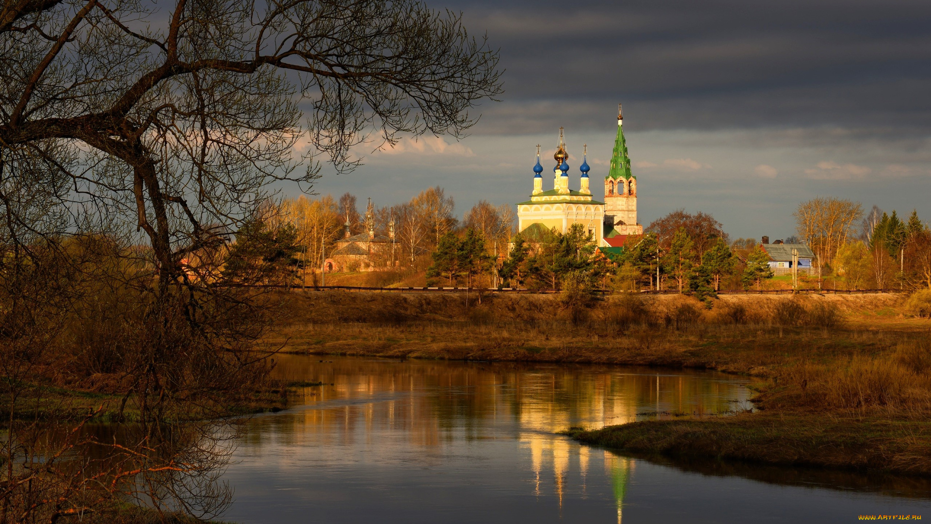 города, -, православные, церкви, , монастыри, храм, деревья, осень, река