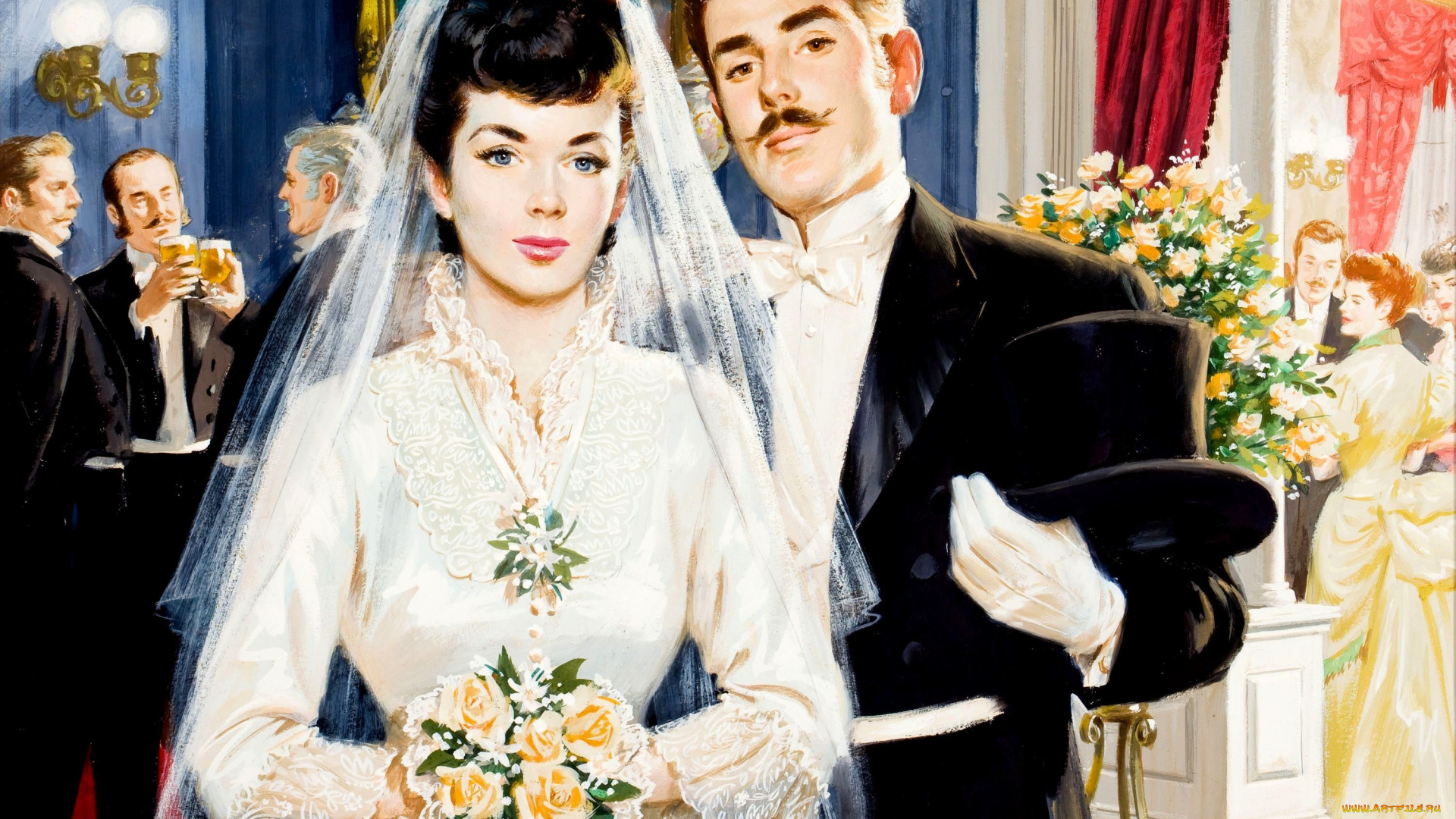 рисованное, arthur, saron, sarnoff, женщина, мужчина, пара, жених, невеста, фата, свадьба, цветы, люди