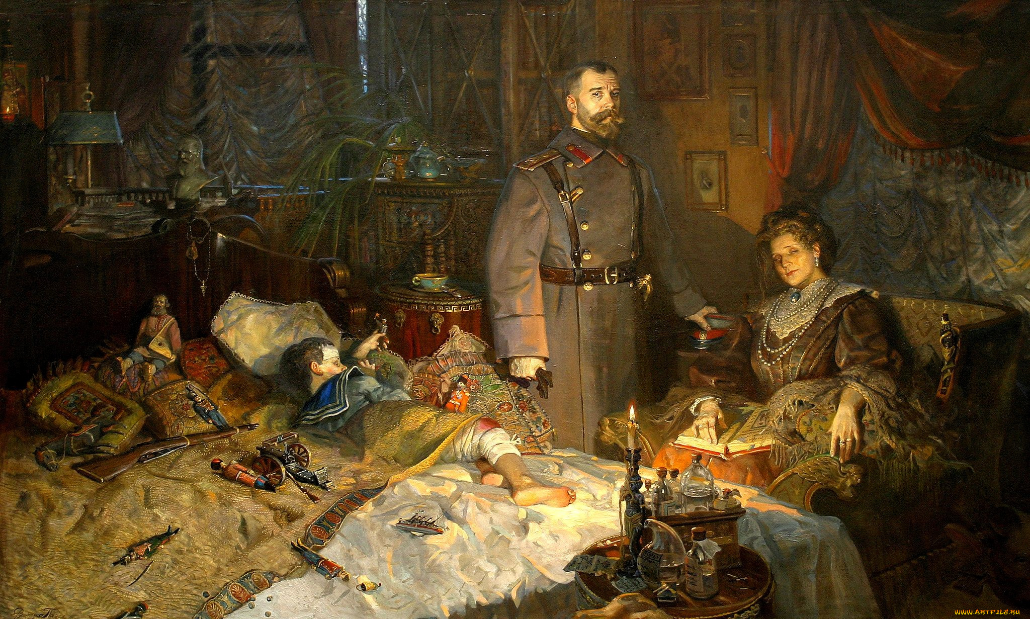 рисованное, павел, рыженко, люди, семья, кровать, игрушки, шинель