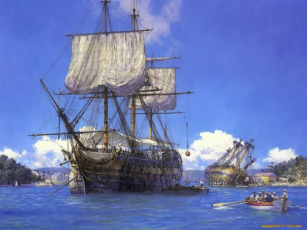 geoff, hunt, hms, trusty, in, englich, harbour, antiqua, корабли, рисованные