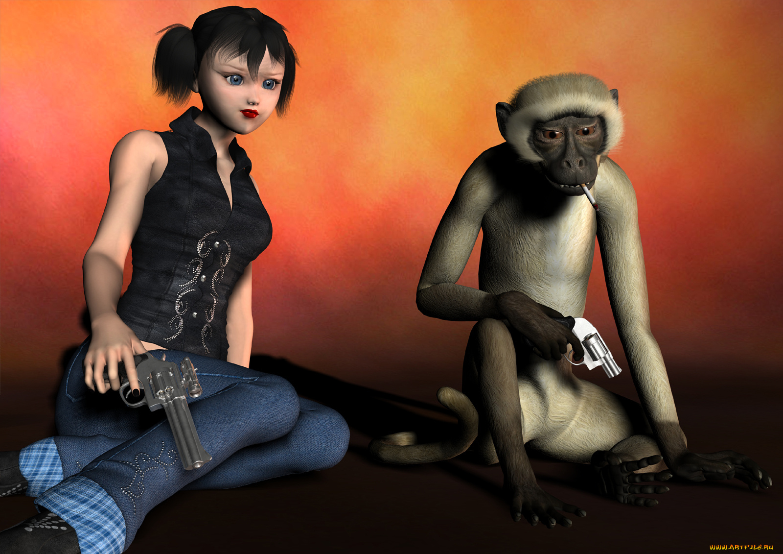 3д, графика, fantasy, фантазия, обезьяна, сигарета, девушка