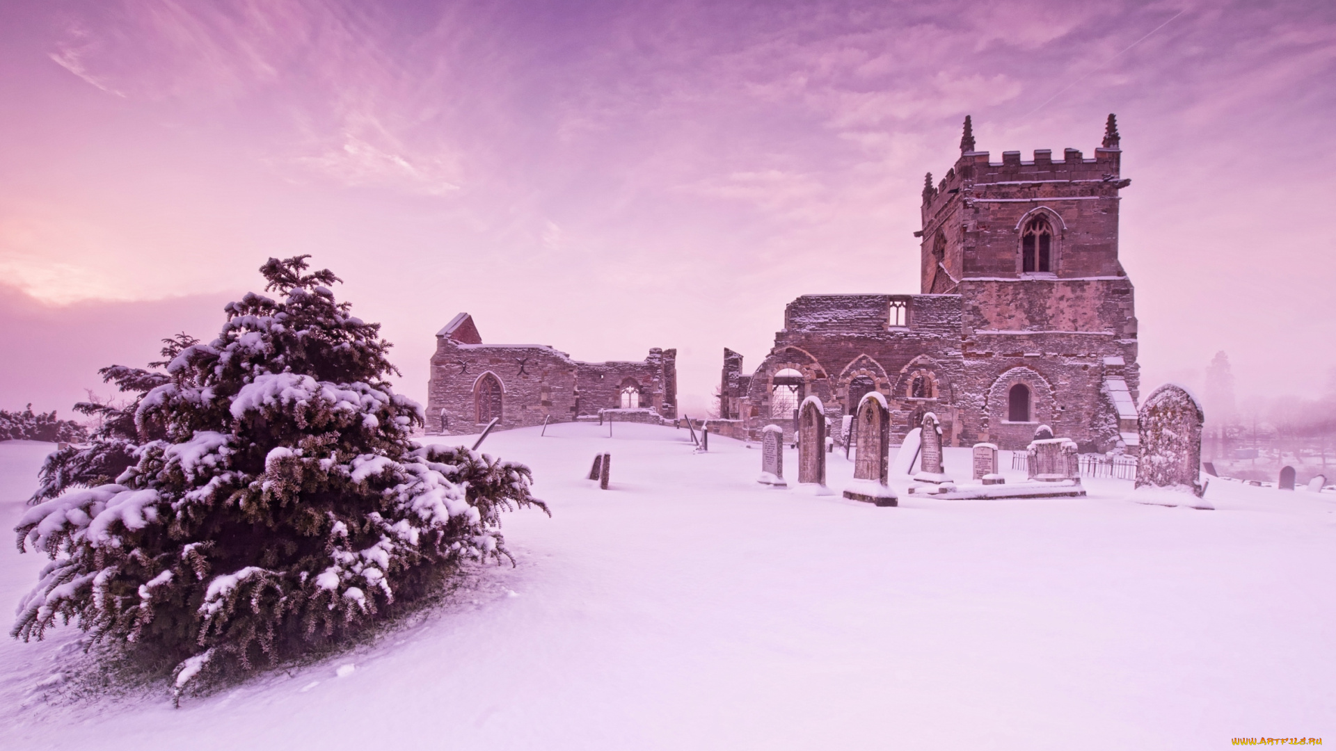 города, исторические, архитектурные, памятники, зима, руины, костел