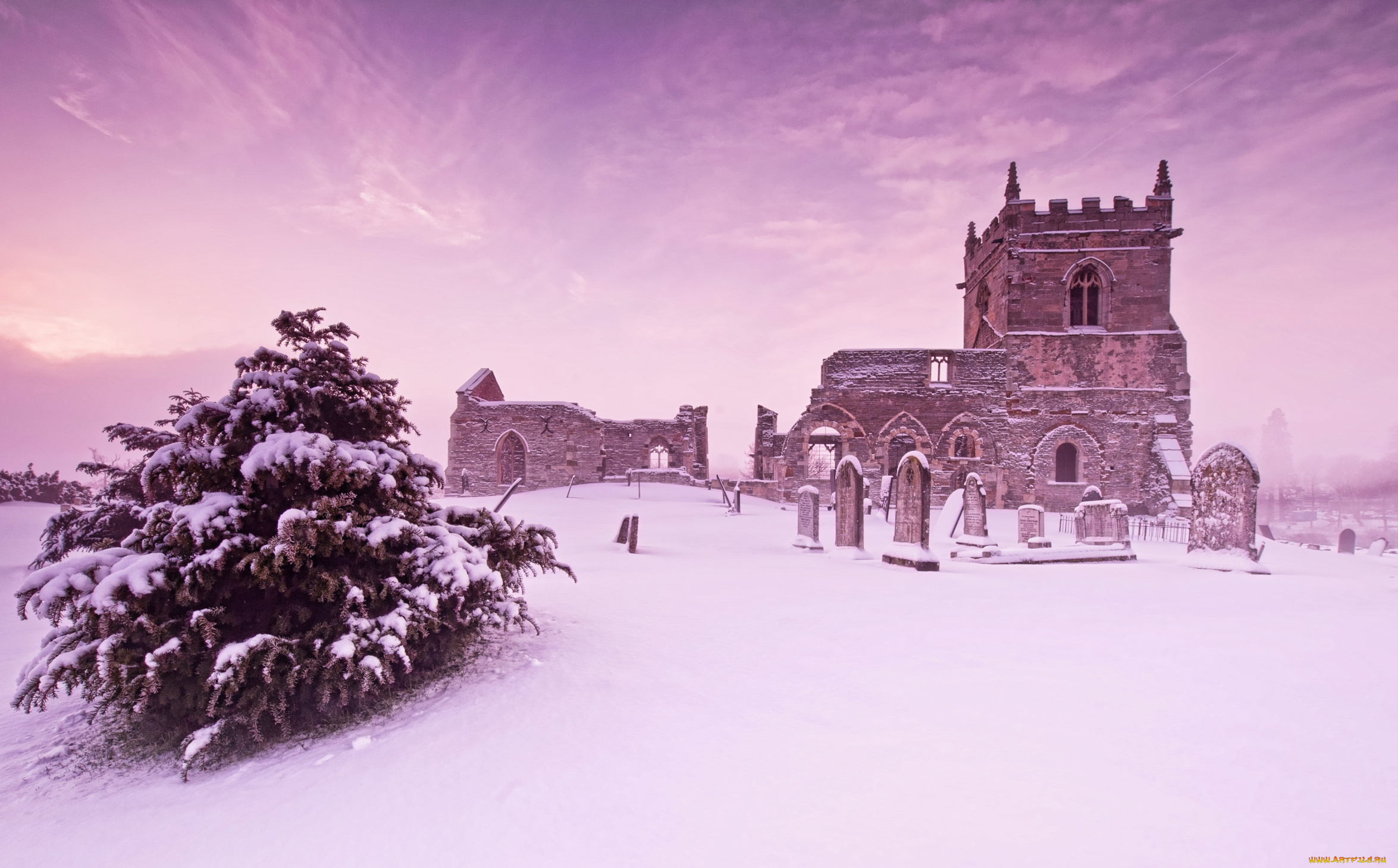 города, исторические, архитектурные, памятники, зима, руины, костел